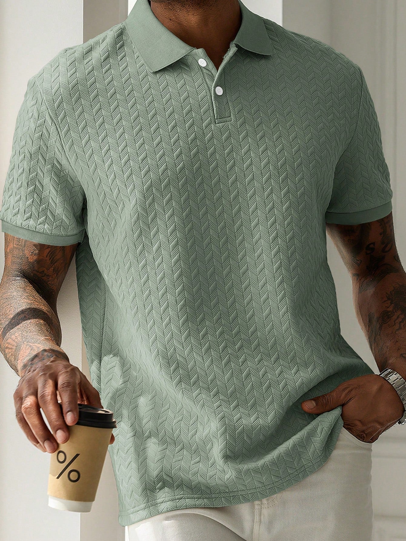 Camisa Polo Masculina Estampa Geométrica Tecido Jacquard Verde / PP Camisa Polo Masculina Estampa Geométrica Tecido