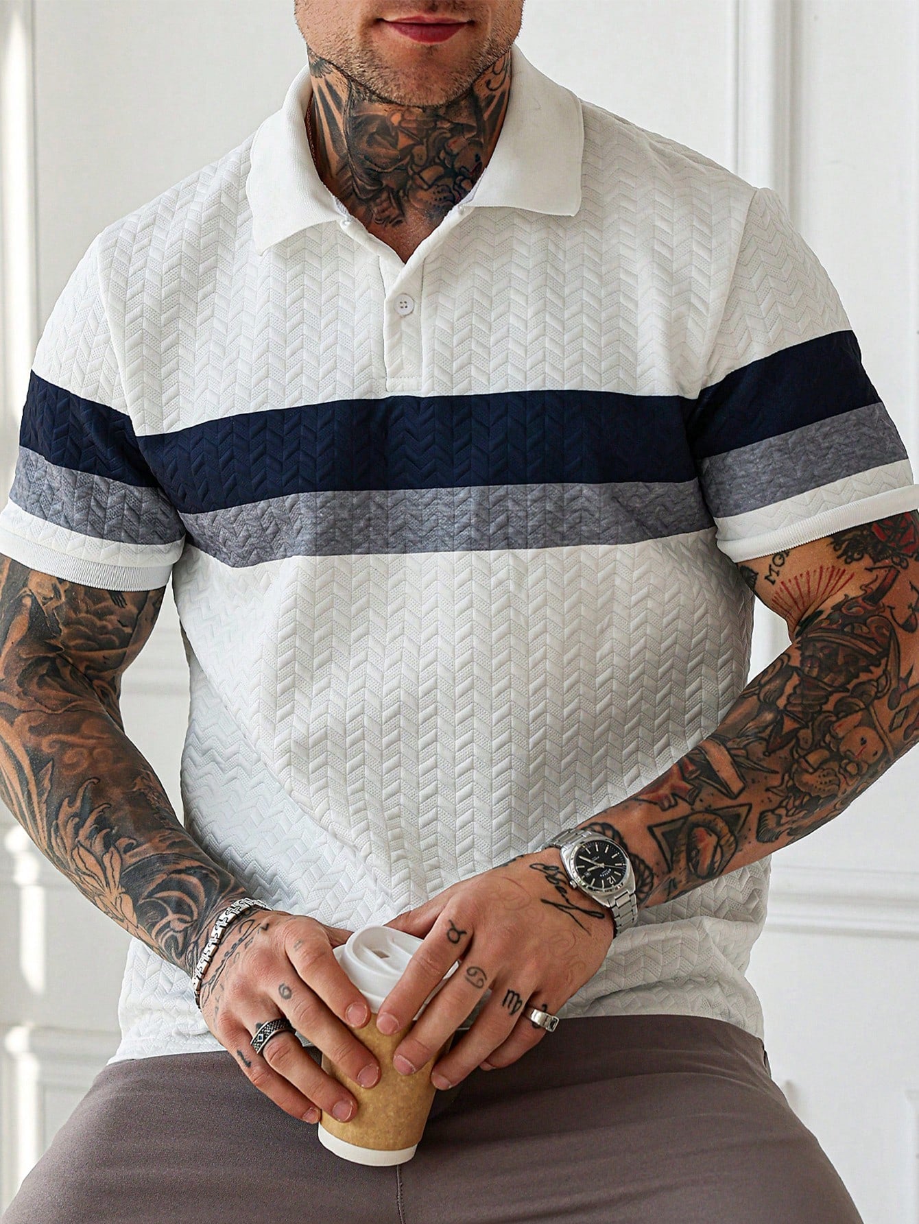 Camisa Polo Masculina Texturizada Listras Elegantes Camisa Polo Masculina Texturizada Listras Elegantes