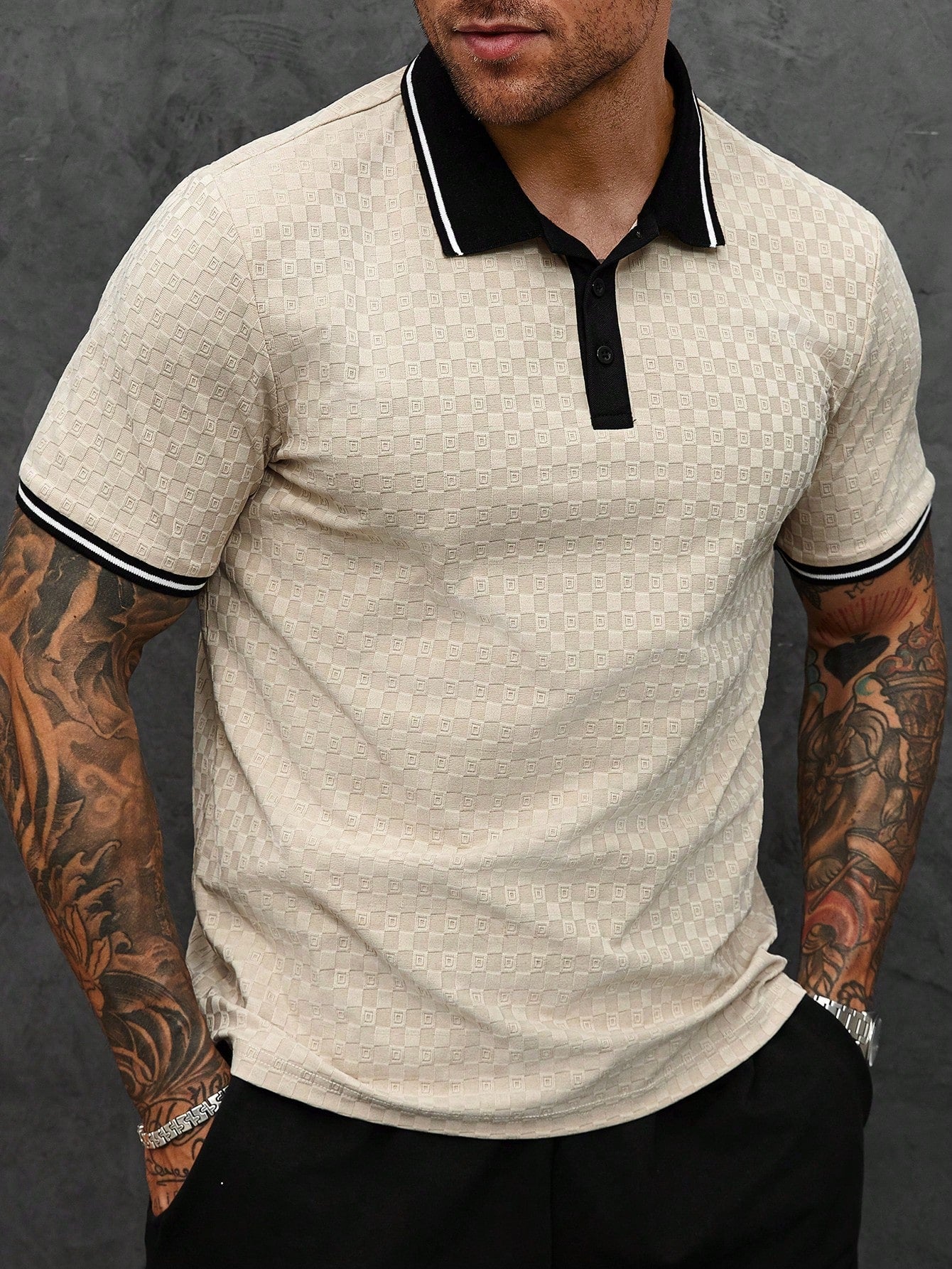 Camisa Polo Masculina Casual Detalhe Color Block Botões Caqui / PP Camisa Polo Masculina Casual Detalhe Color Block