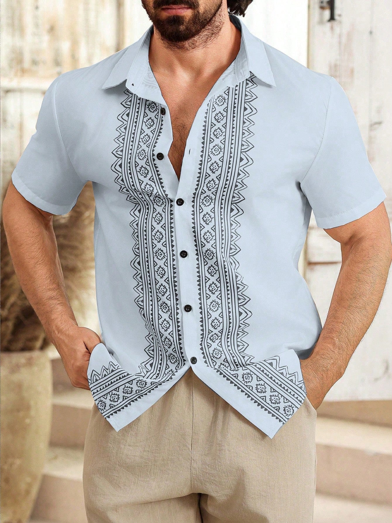 Camisa Masculina De Botão Bordado Étnico Estilo Refinado Camisa Masculina De Botão Bordado Étnico Estilo Refinado