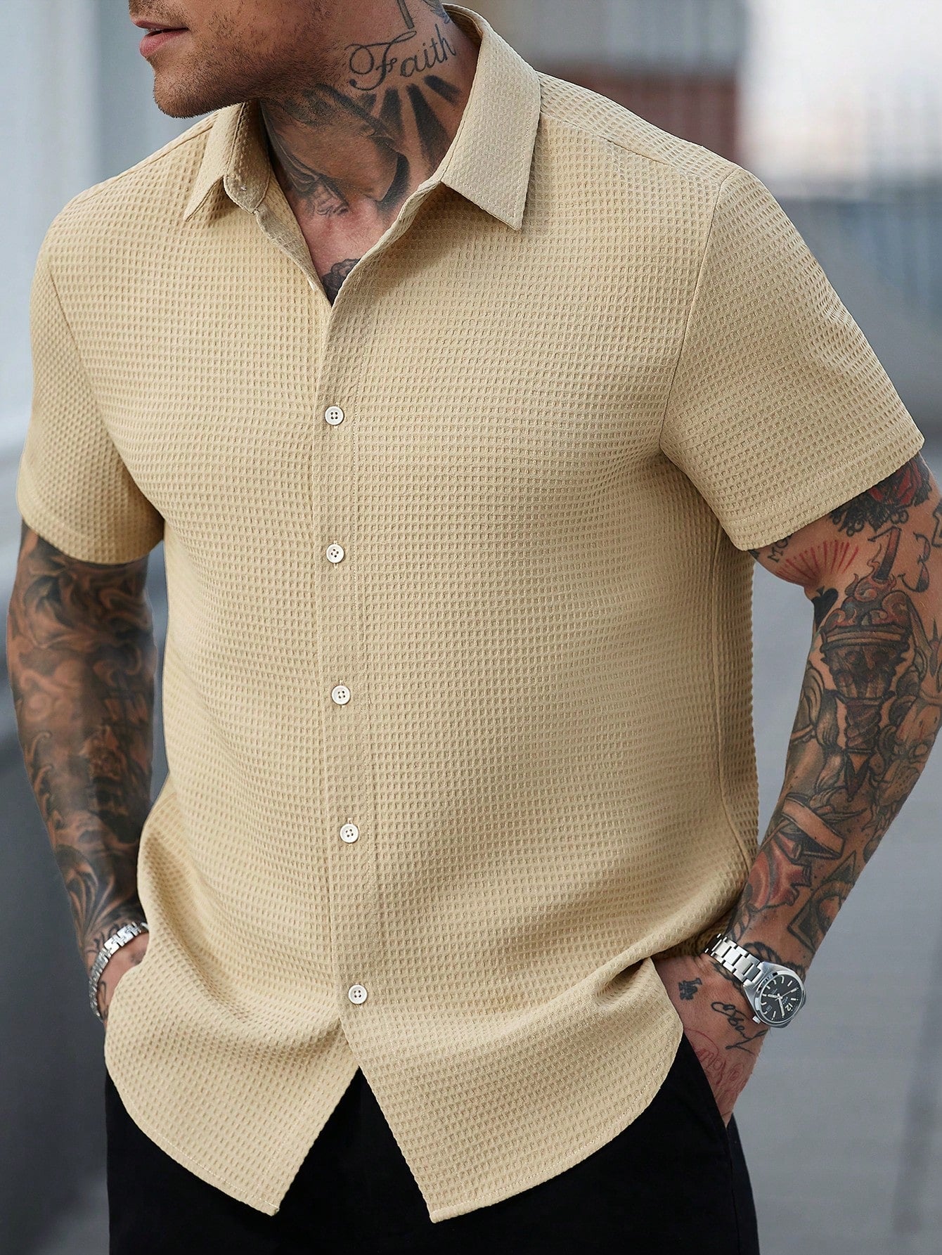 Camisa Masculina De Botão Textura Estruturada Corte Elegante Bege / PP Camisa Masculina De Botão Textura Estruturada