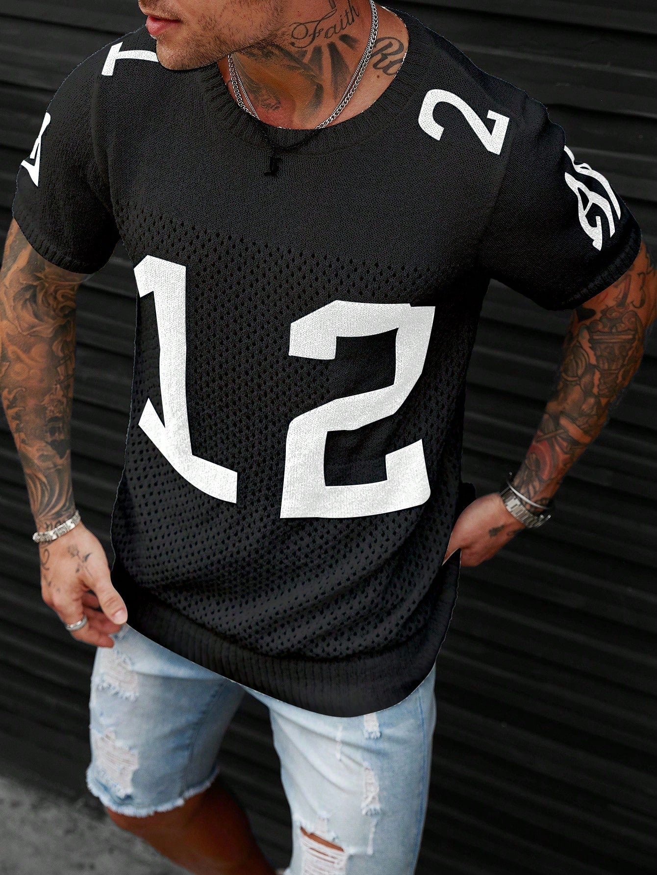 Camiseta Masculina Tricotada Número Estilo Vintage Preto / PP Camiseta Masculina Tricotada Número Estilo Vintage