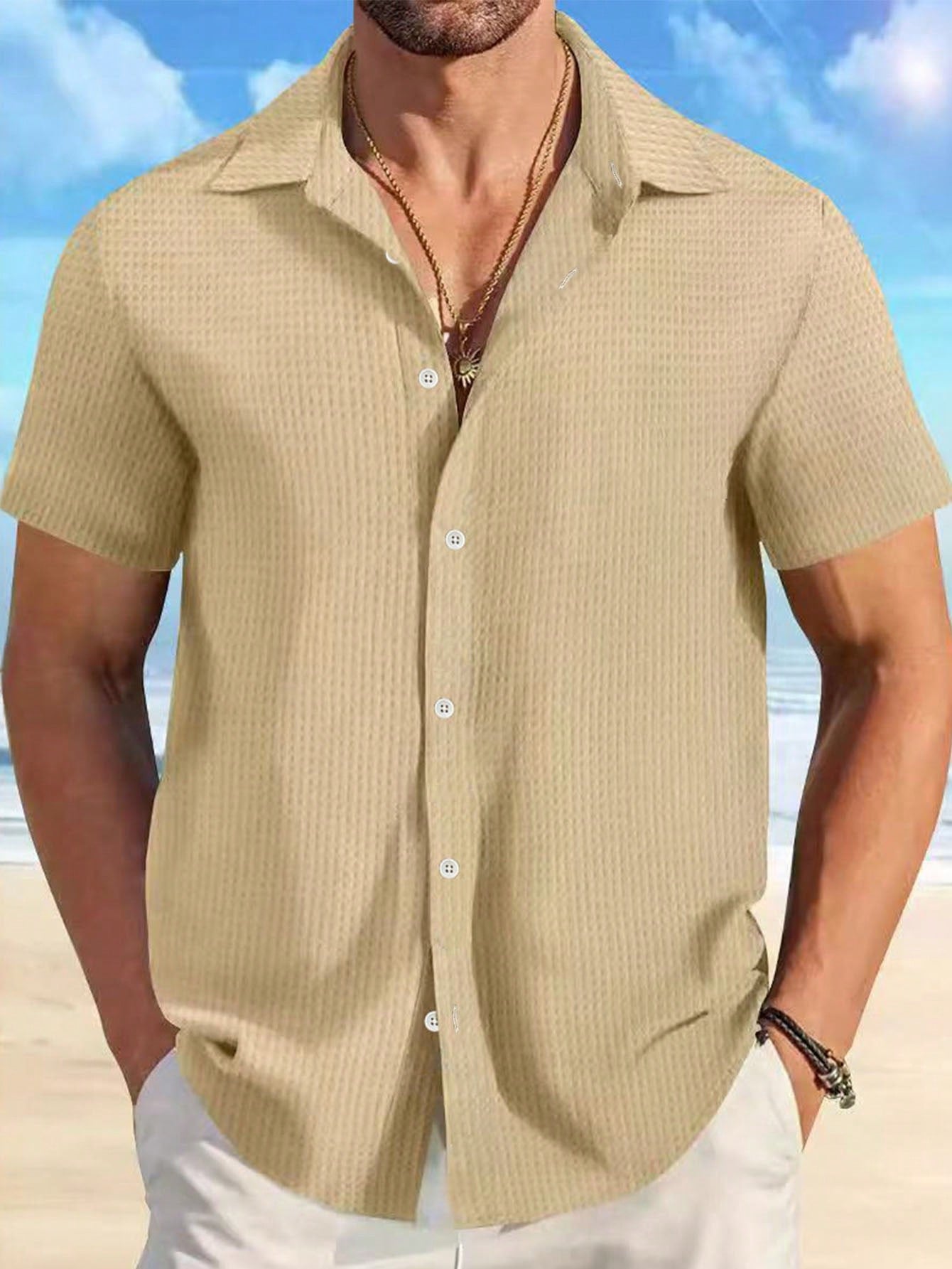 Camisa Masculina De Botão Textura Estruturada Corte Elegante Camisa Masculina De Botão Textura Estruturada Corte