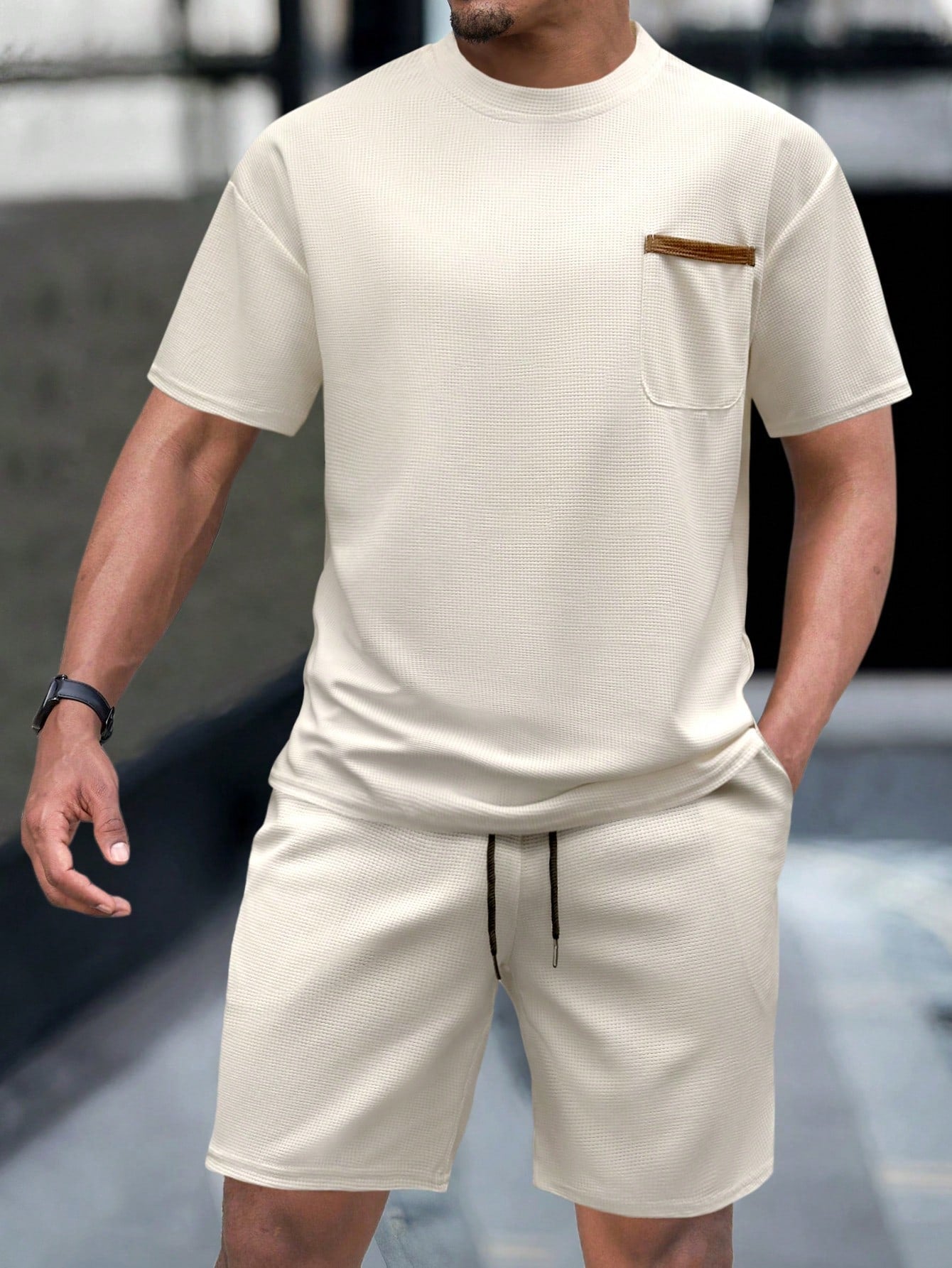 Conjunto Masculino Camiseta Com Bolso E Shorts Cós Ajustável Damasco / PP Conjunto Masculino Camiseta Com Bolso E