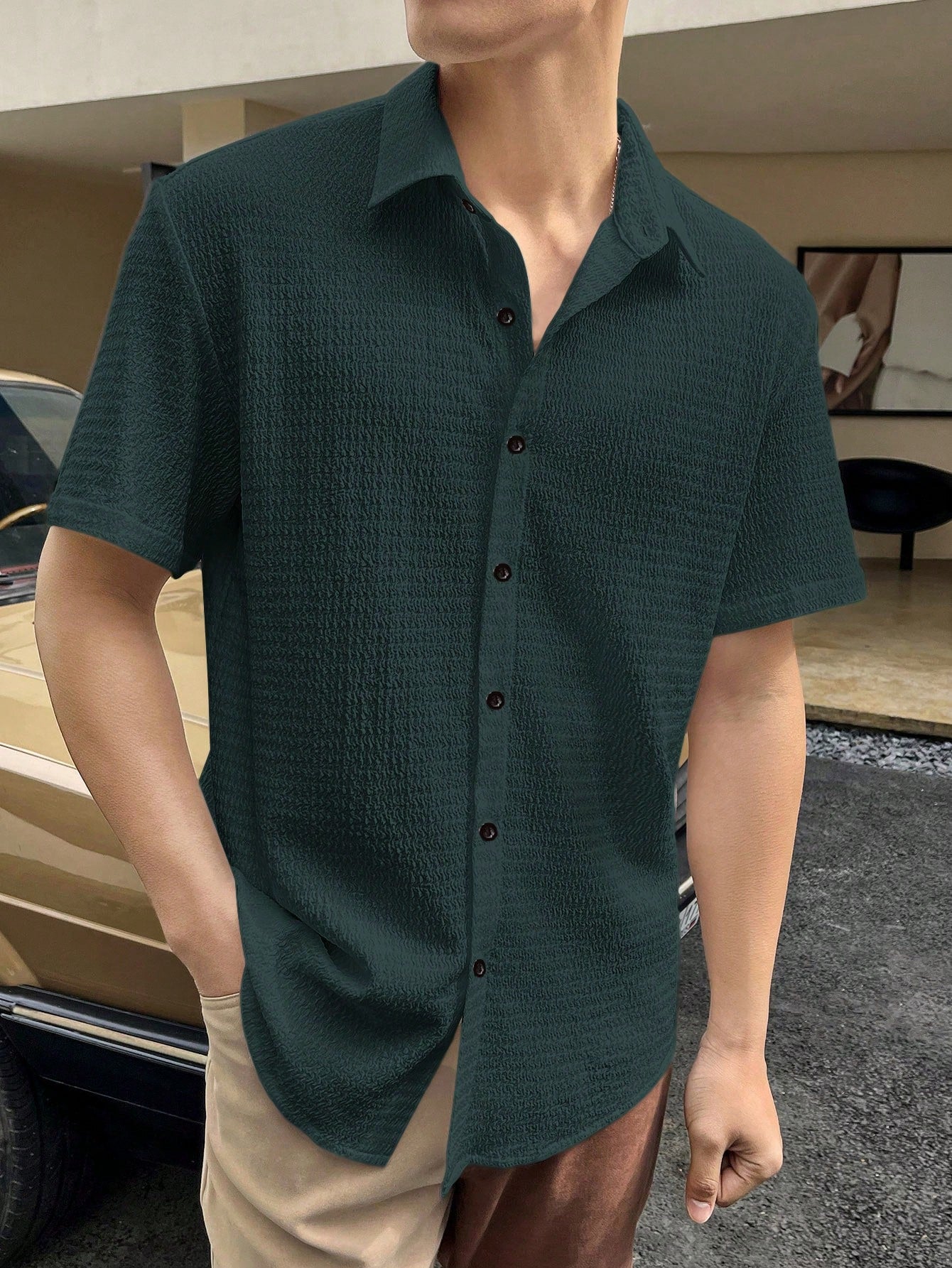 Camisa Masculina De Botão Tecido Elástico Textura Suave Verde Escuro / PP Camisa Masculina De Botão Tecido Elástico