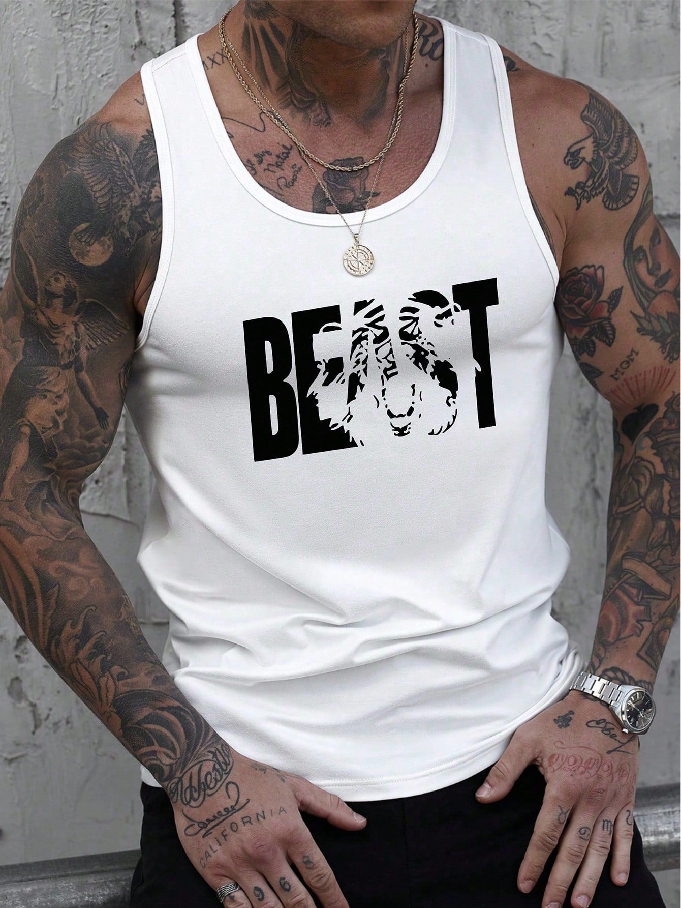 Camiseta Regata Masculina Fitness Estampa De Beasts Branco / PP Camiseta Regata Masculina Fitness Estampa De Beasts