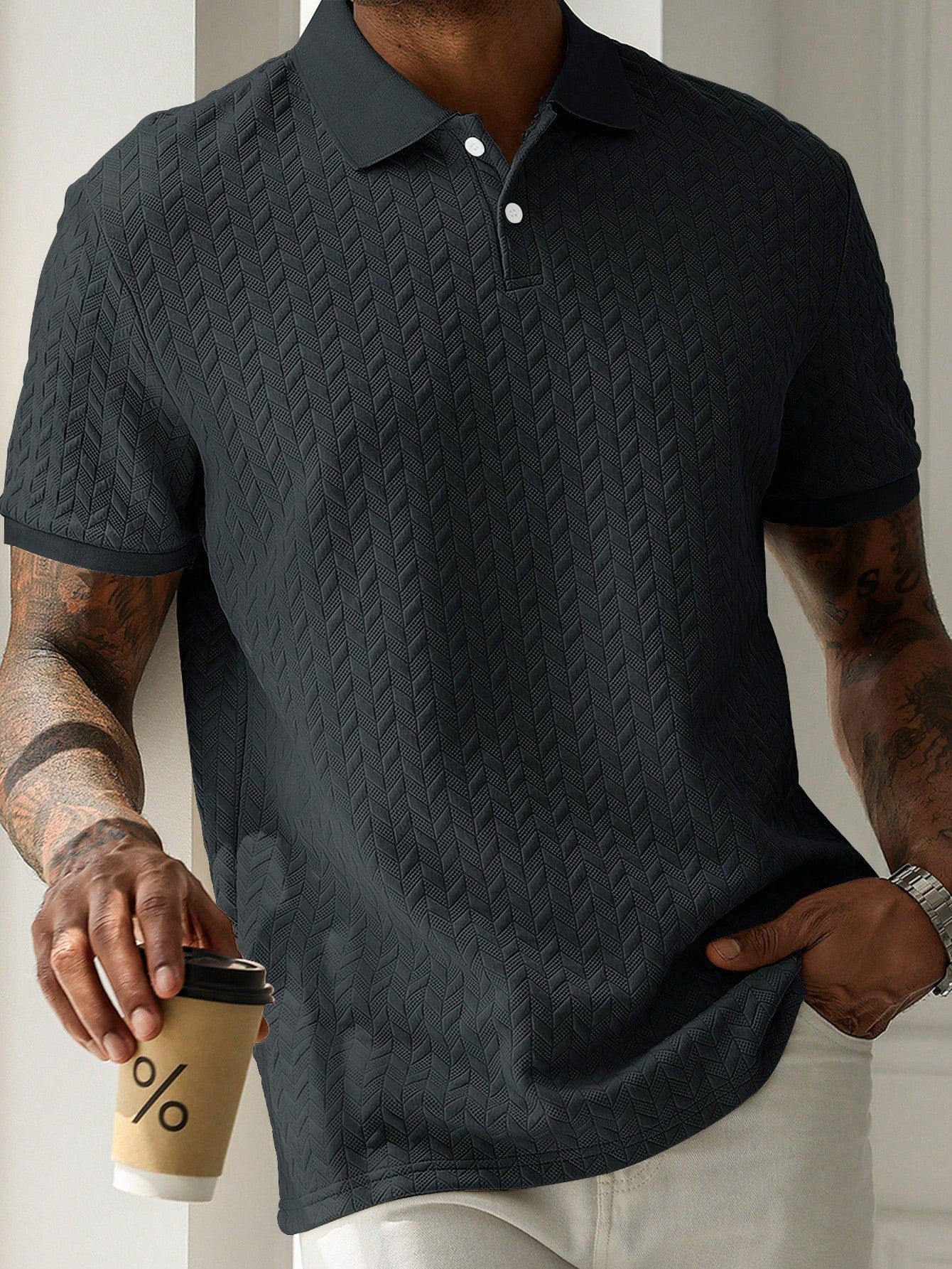 Camisa Polo Masculina Texturizada Estilo Moderno Elegante Preto / PP Camisa Polo Masculina Texturizada Estilo Moderno