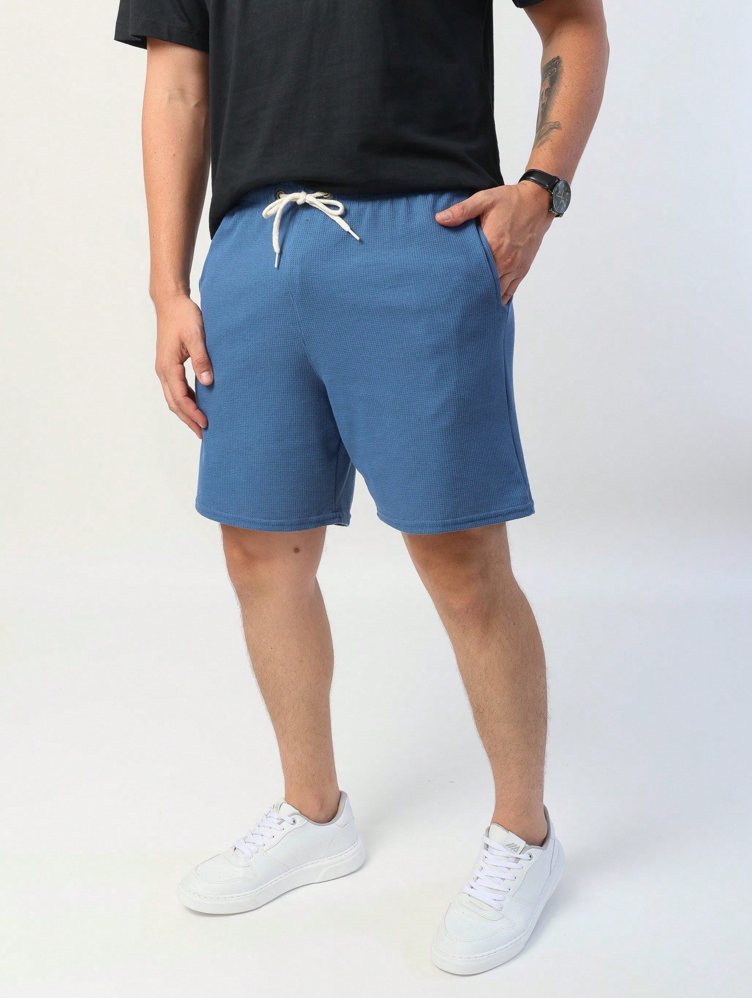 Shorts Masculino Mauricinho Waffle Com Cadarço E Textura Azul / PP Shorts Masculino Mauricinho Waffle Com Cadarço E