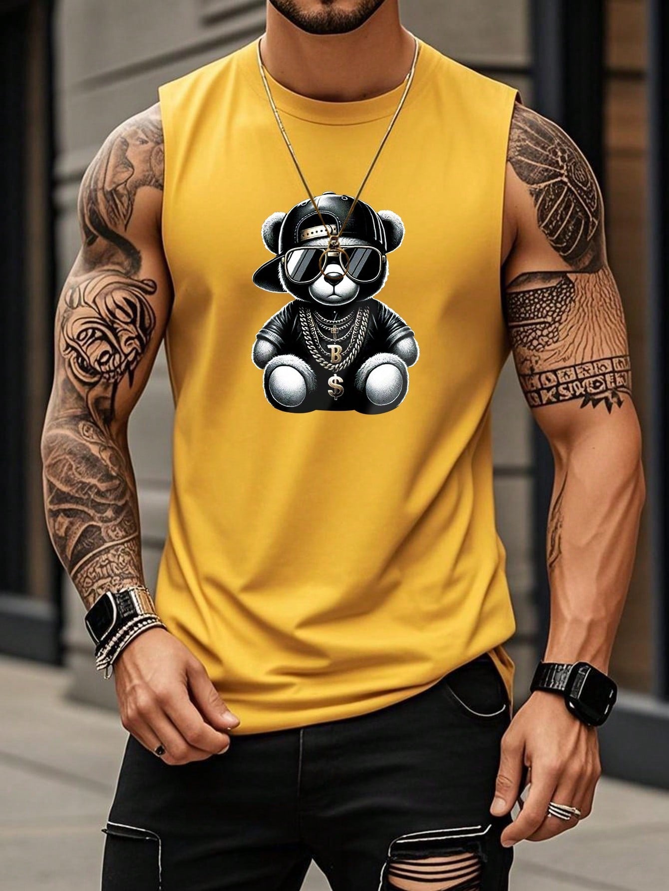 Camiseta Regata Masculina Estampa De Urso Gola Redonda Amarelo / PP Camiseta Regata Masculina Estampa De Urso Gola