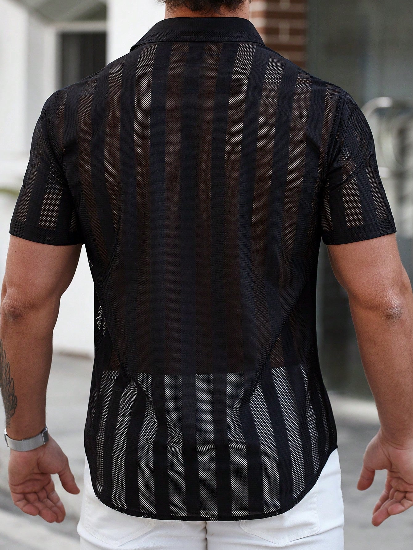 Camisa Masculina De Botão Transparente Listras Estilo Ousado Camisa Masculina De Botão Transparente Listras Estilo