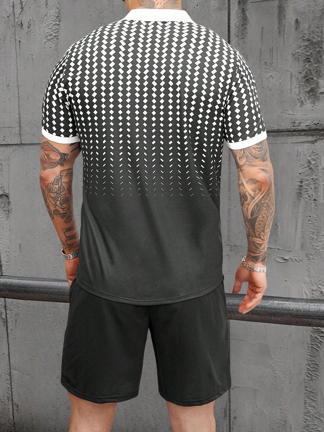 Conjunto Masculino Polo Geométrico Com Zíper E Shorts Casuais Conjunto Masculino Polo Geométrico Com Zíper E Shorts