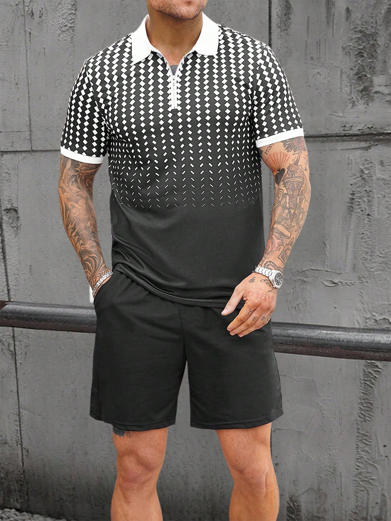 Conjunto Masculino Polo Geométrico Com Zíper E Shorts Casuais Conjunto Masculino Polo Geométrico Com Zíper E Shorts