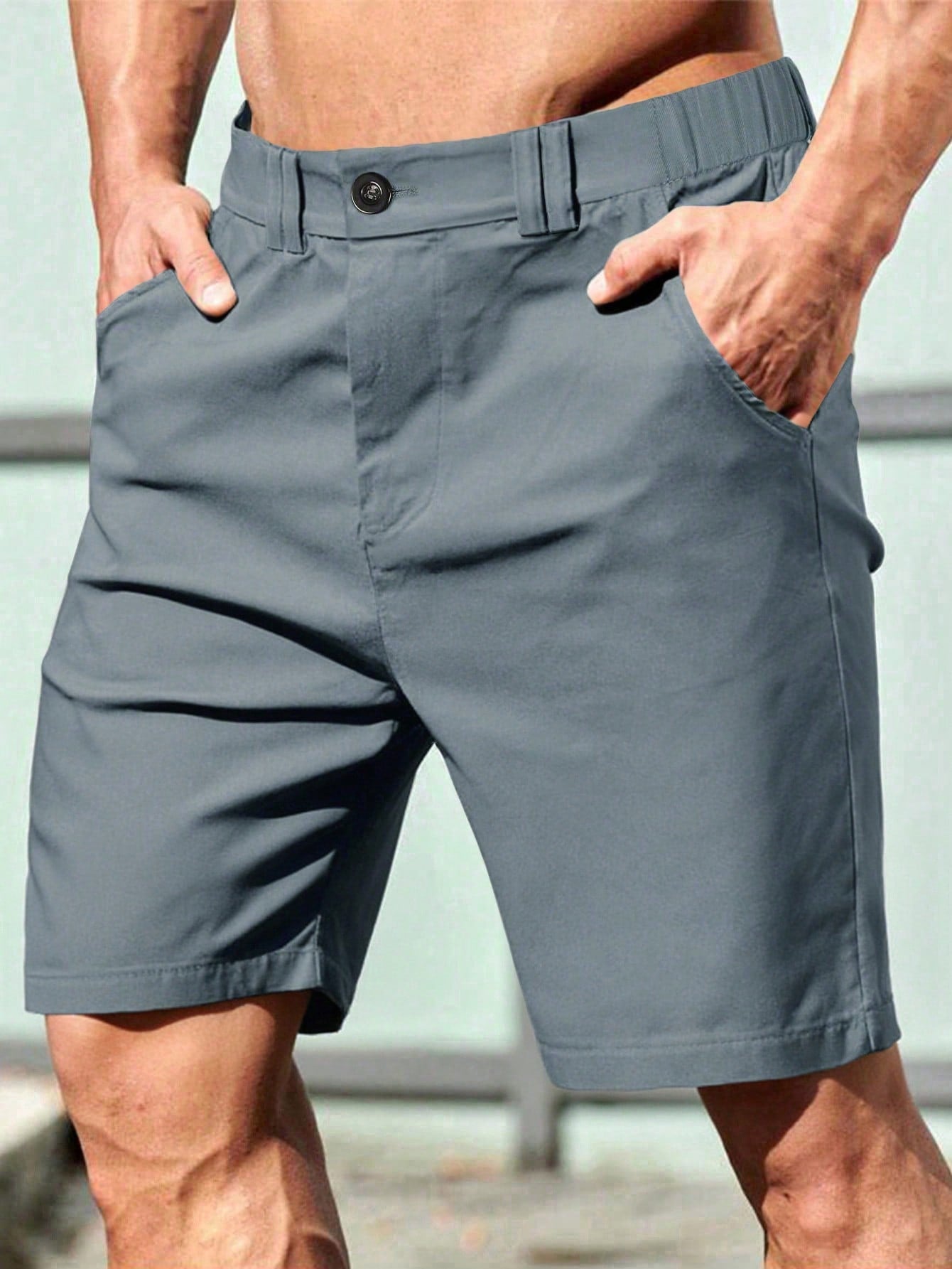 Shorts Masculino Casual Versátil Com Cós De Elástico Azul Empoeirado / PP Shorts Masculino Casual Versátil Com Cós De