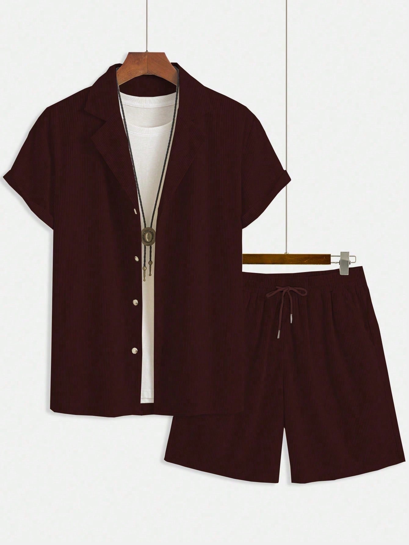 Conjunto Masculino Camisa Texturizada Gola Lapela E Shorts Com Cordão Conjunto Masculino Camisa Texturizada Gola Lapela