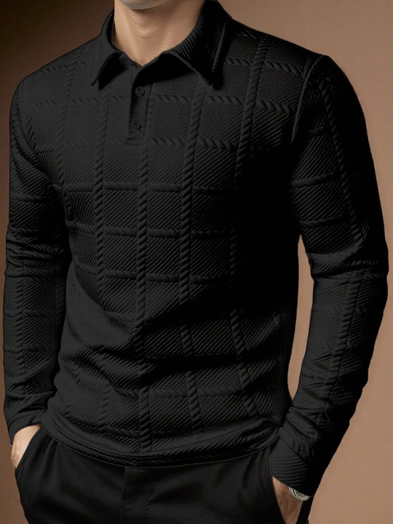 Camisa Polo Masculina Manga Longa Tecido Jacquard Botões Preto / PP Camisa Polo Masculina Manga Longa Tecido Jacquard