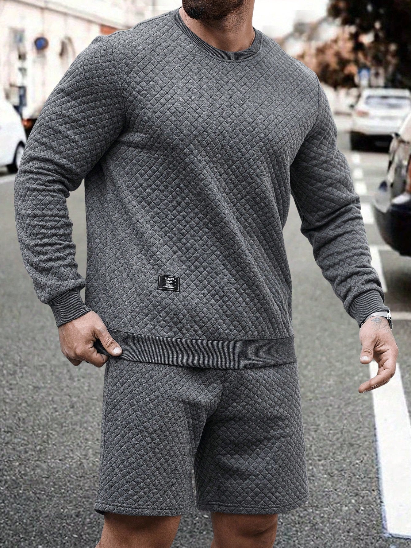 Conjunto Masculino Conjunto Texturizado Com Blusa E Shorts Casuais Cinza / PP Conjunto Masculino Conjunto Texturizado