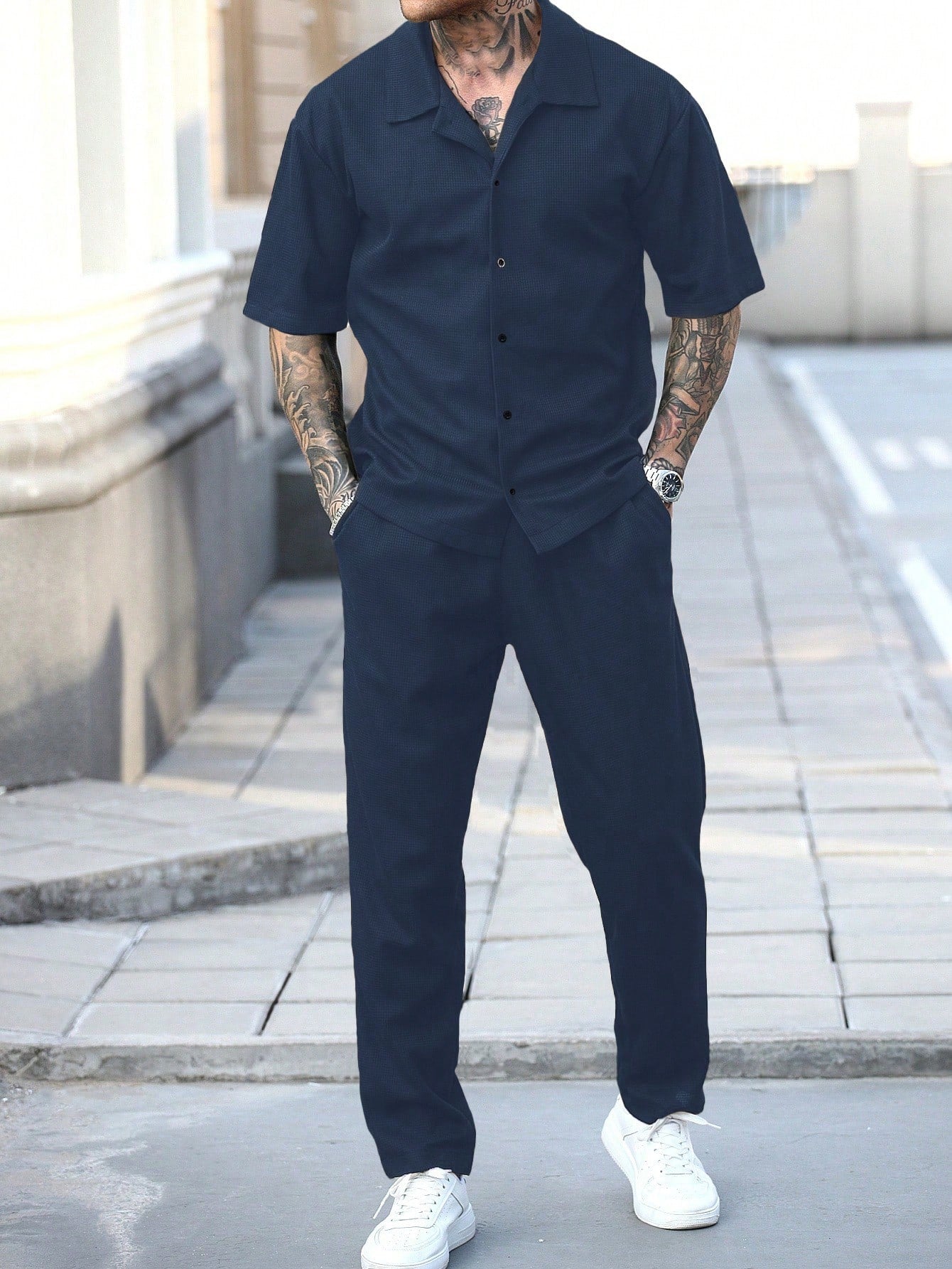 Conjunto Masculino Camisa Gola Cubana E Calça Leve Elegante Azul / PP Conjunto Masculino Camisa Gola Cubana E Calça