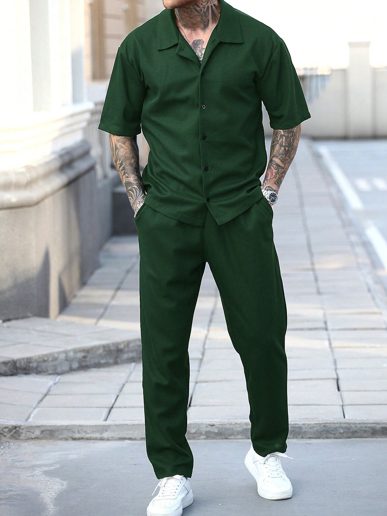 Conjunto Masculino Camisa Textura Waffle E Calça Casual Moderna Verde / PP Conjunto Masculino Camisa Textura Waffle E