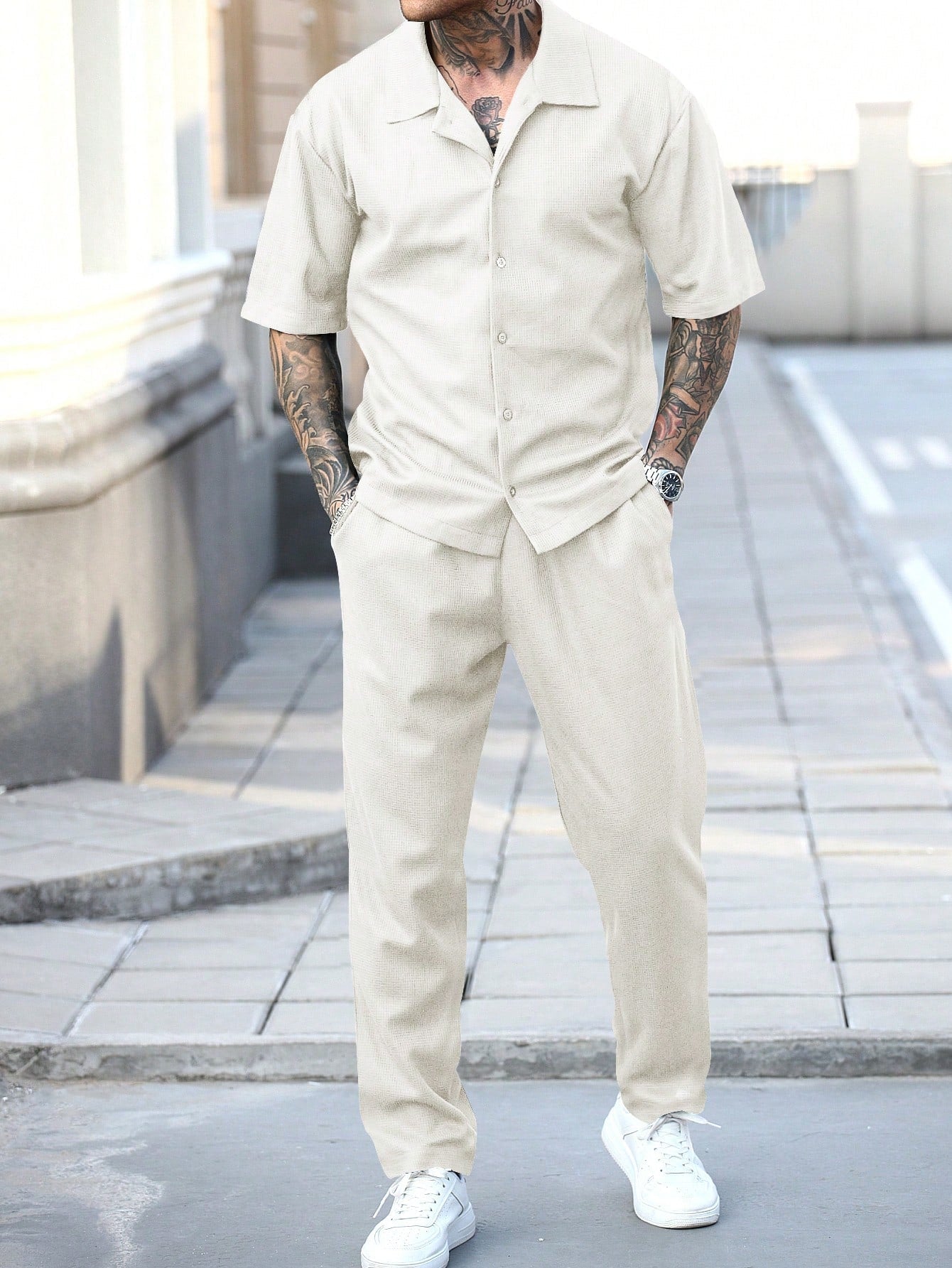 Conjunto Masculino Camisa Gola Cubana E Calça Leve Elegante Bege / PP Conjunto Masculino Camisa Gola Cubana E Calça