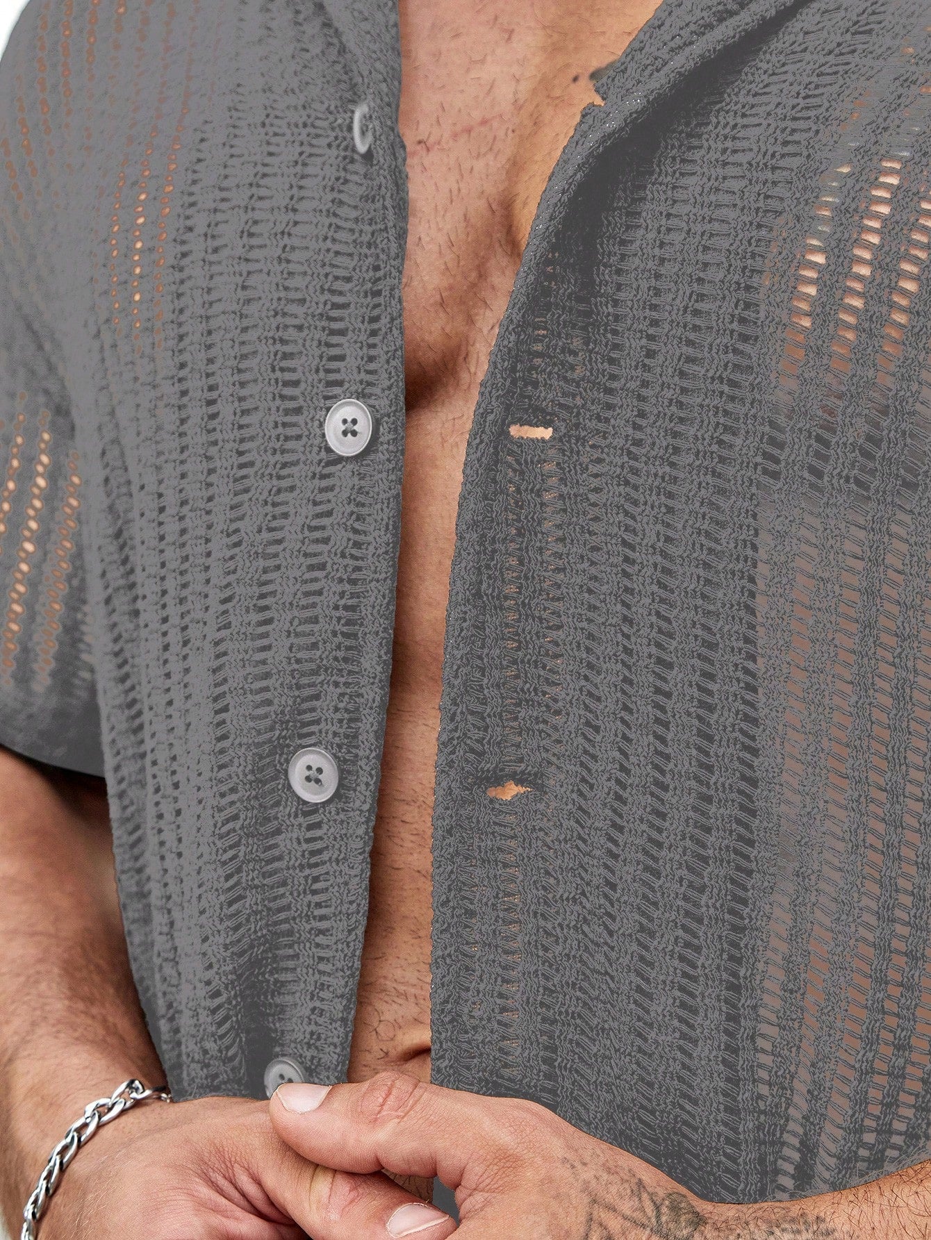 Camisa Masculina De Botão Transparente Trama Vazada Casual Camisa Masculina De Botão Transparente Trama Vazada Casual