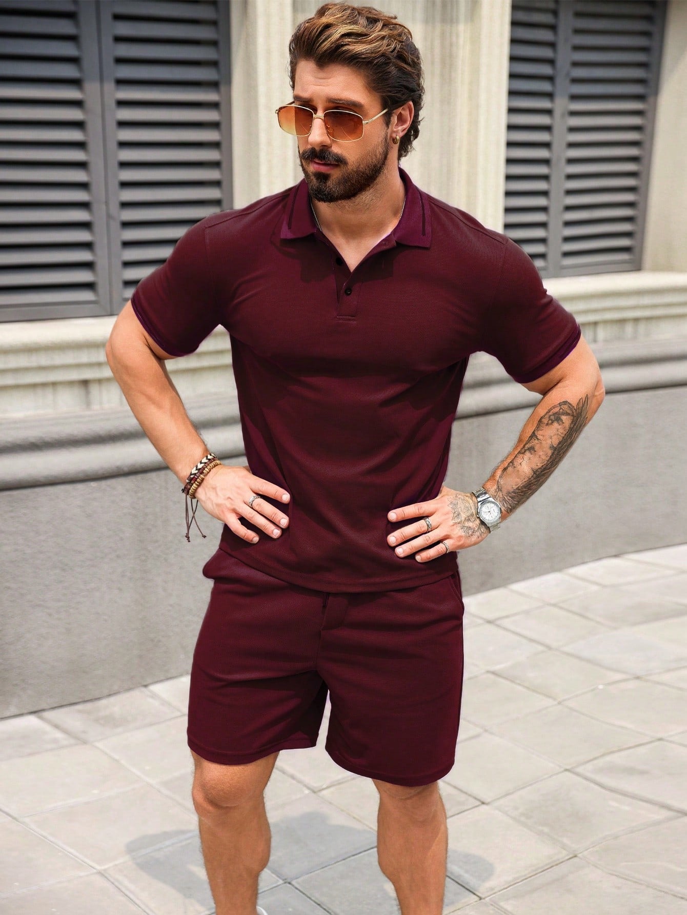 Conjunto Masculino Camisa Polo Abotoamento Simples E Shorts Casuais Conjunto Masculino Camisa Polo Abotoamento Simples