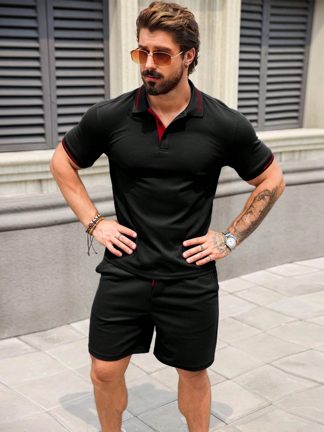 Conjunto Masculino Camisa Polo Abotoamento Simples E Shorts Casuais Conjunto Masculino Camisa Polo Abotoamento Simples