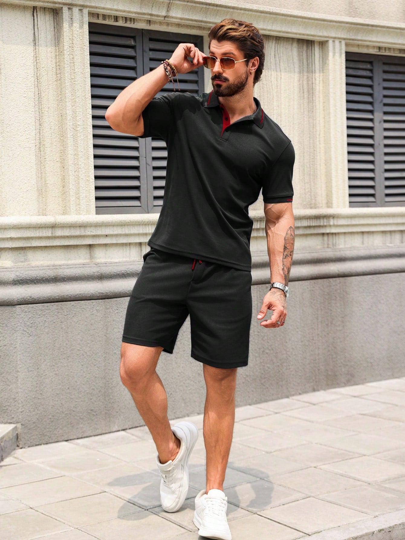 Conjunto Masculino Camisa Polo Abotoamento Simples E Shorts Casuais Conjunto Masculino Camisa Polo Abotoamento Simples