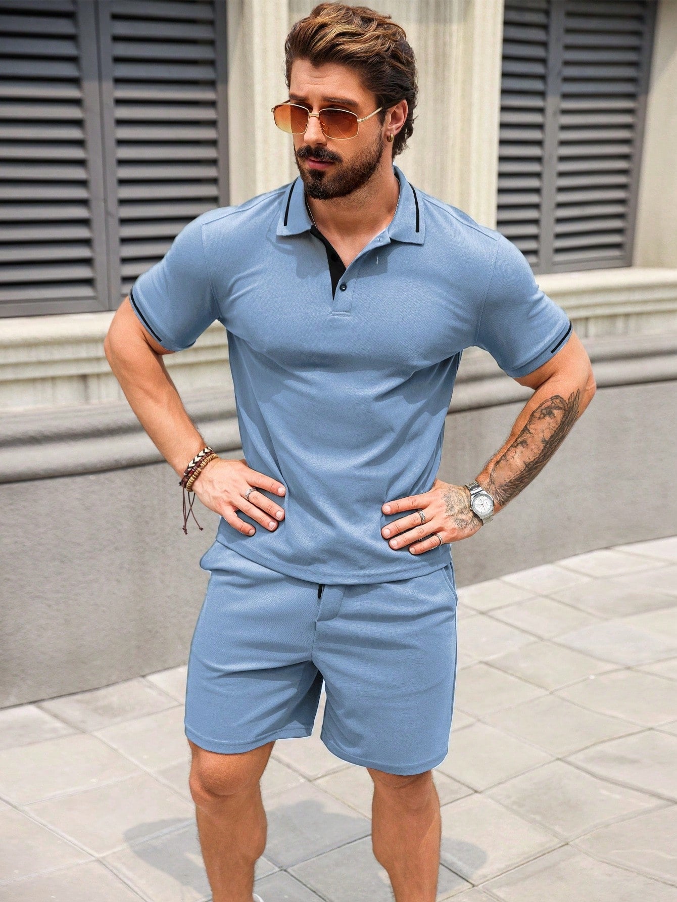 Conjunto Masculino Camisa Polo Abotoamento Simples E Shorts Casuais Conjunto Masculino Camisa Polo Abotoamento Simples