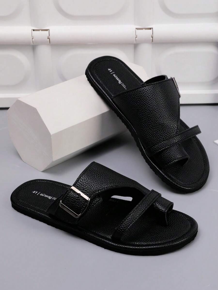 Chinelo Masculino Casual Couro Tira Confortável Antiderrapante Preto / 36 Chinelo Masculino Casual Couro Tira