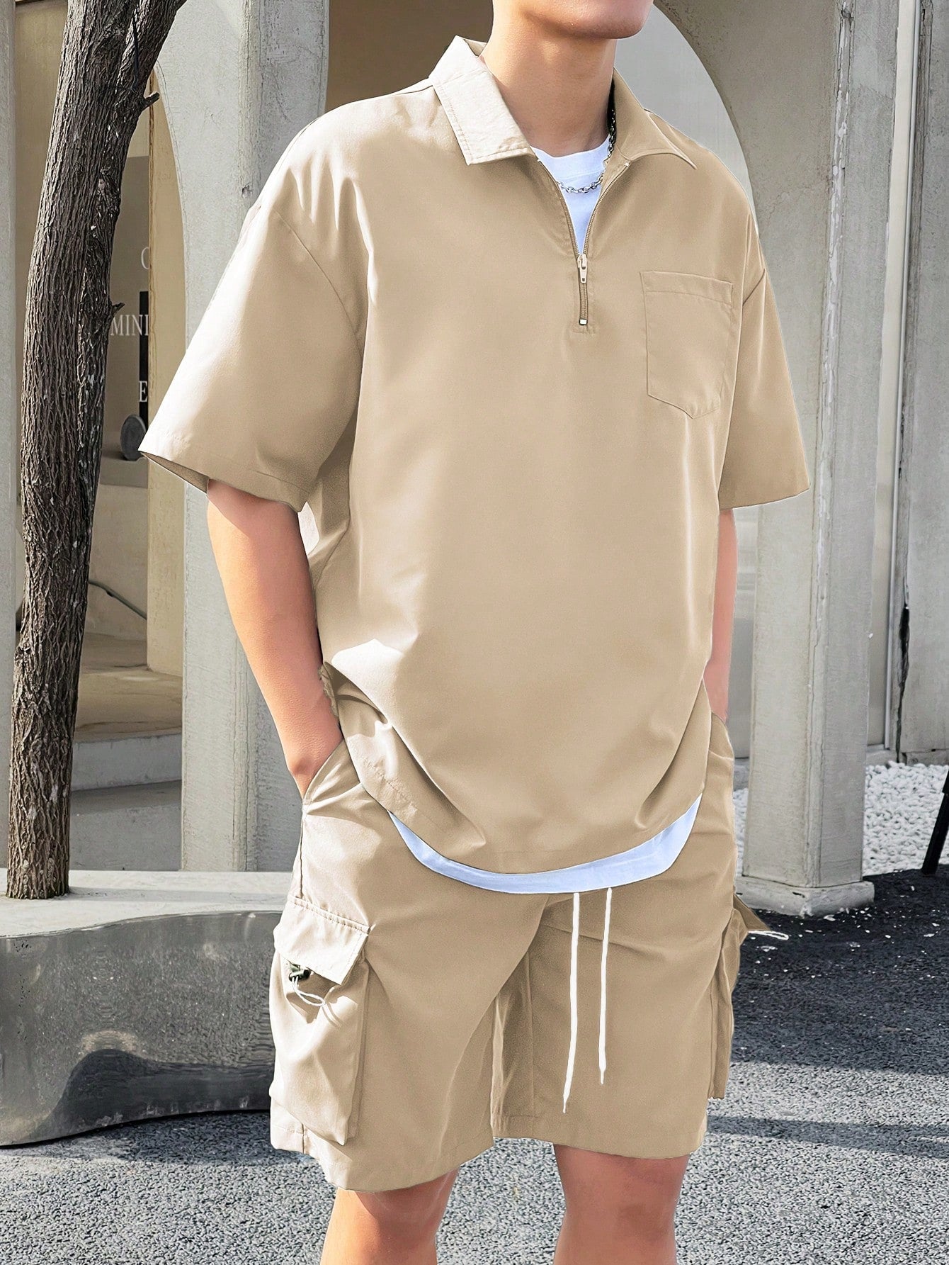 Conjunto Masculino Camisa Manga Curta E Bermuda Tecido De Linho Caqui / PP Conjunto Masculino Camisa Manga Curta E