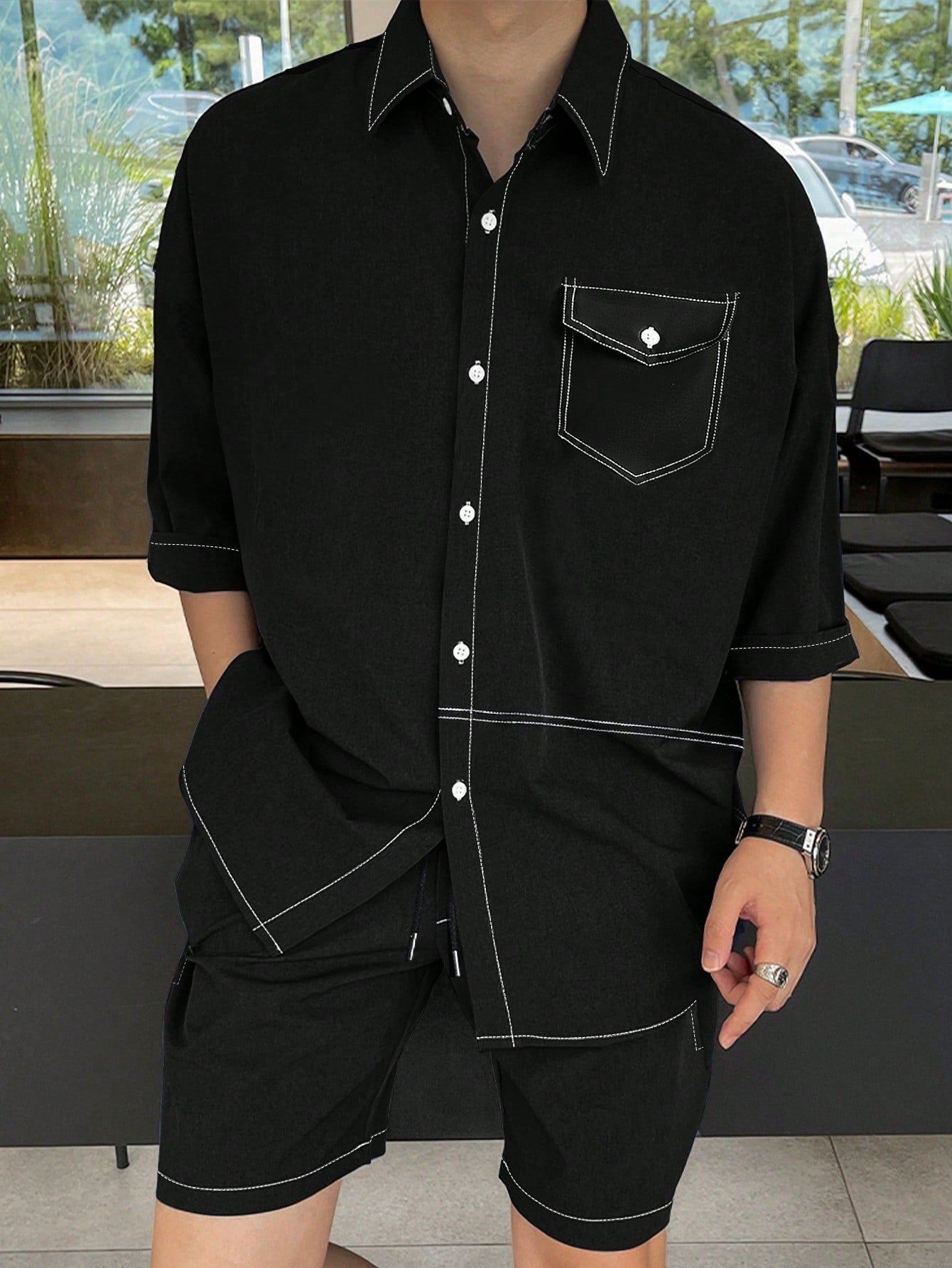 Conjunto Masculino Camisa Botões Frontais E Shorts Com Bolso Conjunto Masculino Camisa Botões Frontais E Shorts Com