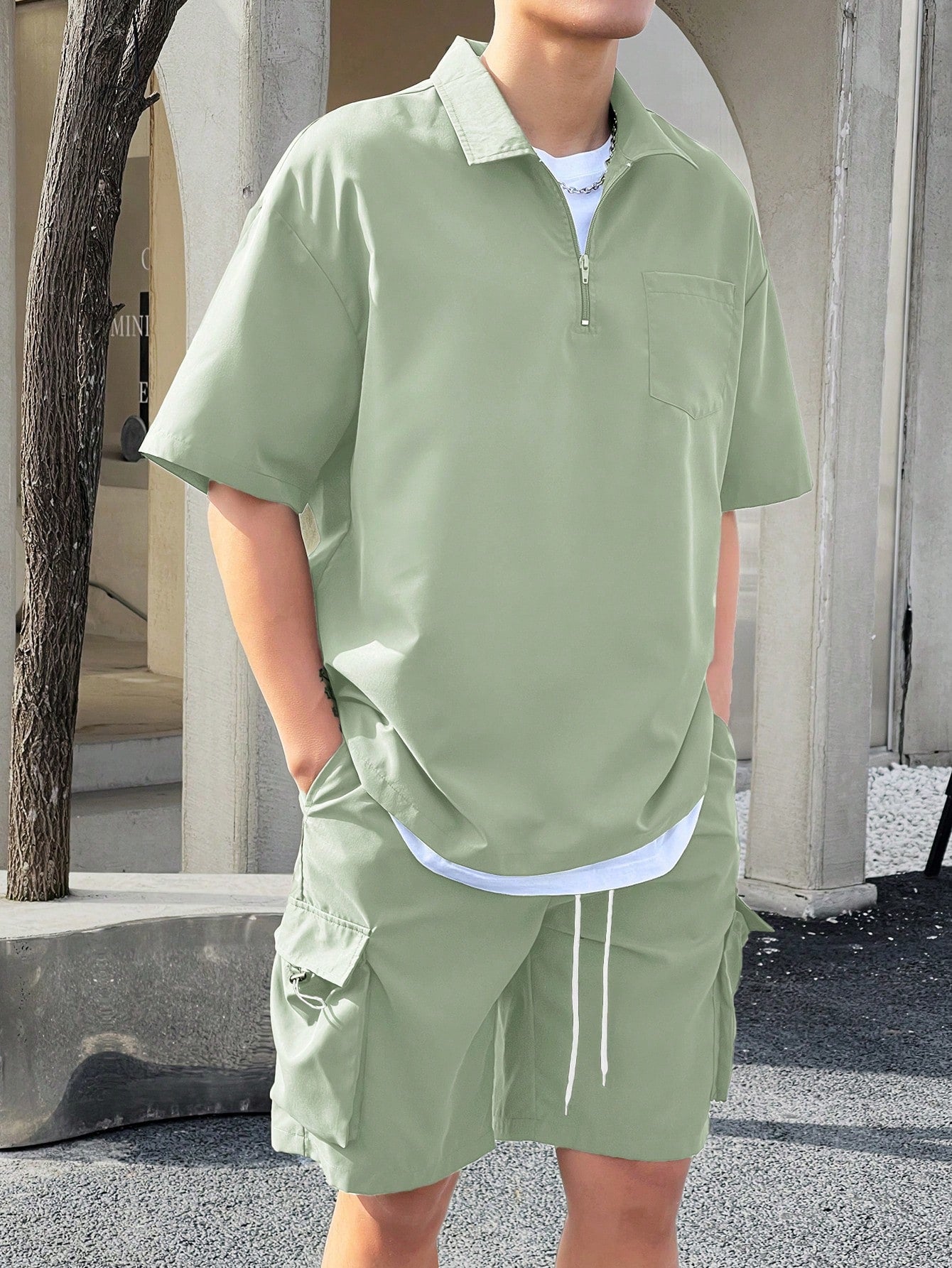 Conjunto Masculino Camisa Manga Curta E Bermuda Tecido De Linho Verde Menta / PP Conjunto Masculino Camisa Manga Curta