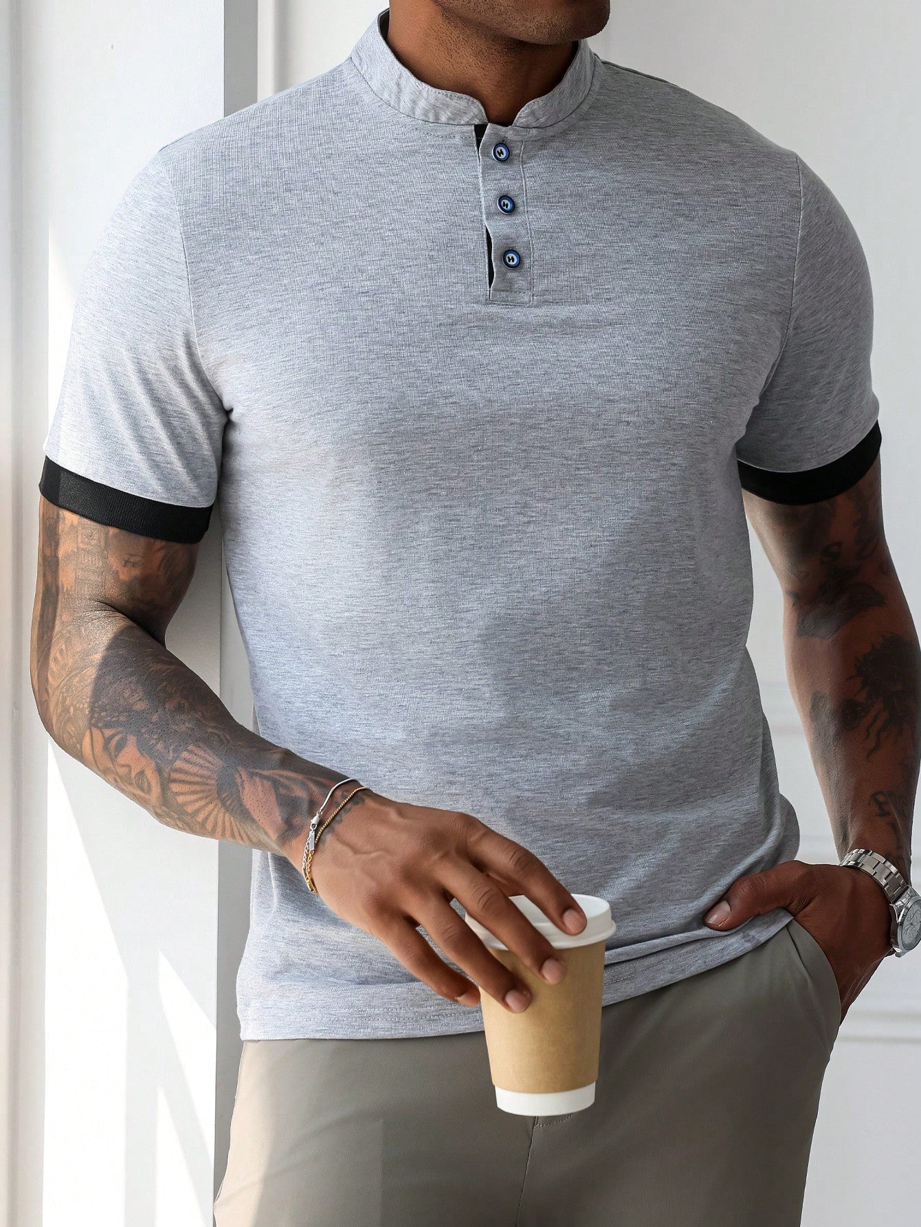 Camisa Masculina Gola Padre Botões Acabamento Premium Camisa Masculina Gola Padre Botões Acabamento Premium