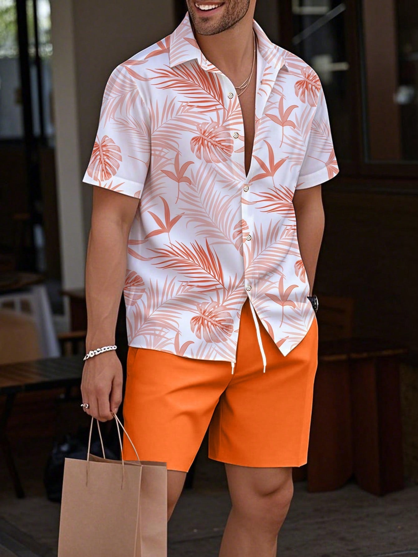 Conjunto Masculino Camisa Manga Curta Estampa Tropical E Shorts Casuais Laranja / PP Conjunto Masculino Camisa Manga