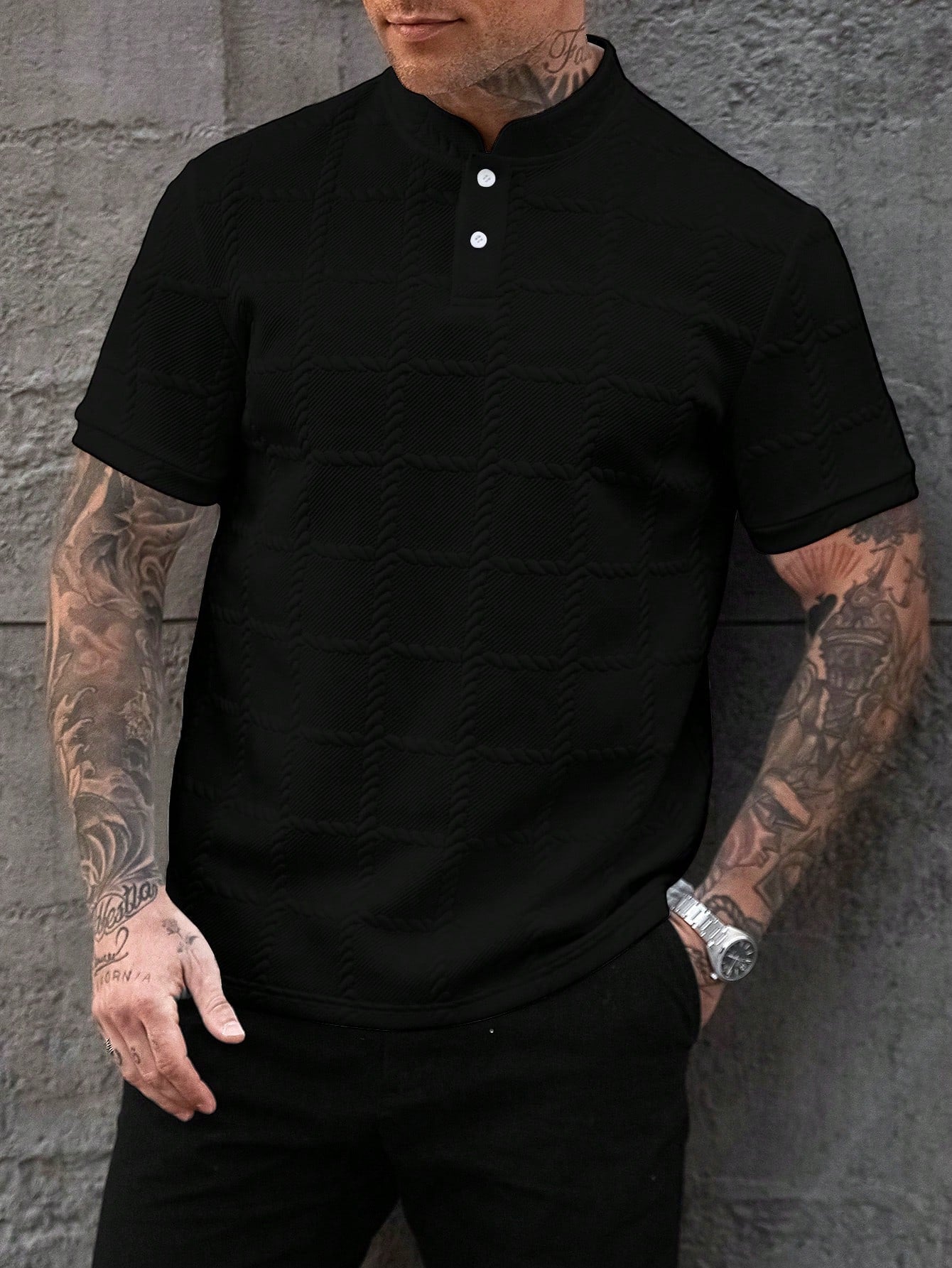 Camisa Polo Masculina Casual Gola Alta Botões Frontais Camisa Polo Masculina Casual Gola Alta Botões Frontais