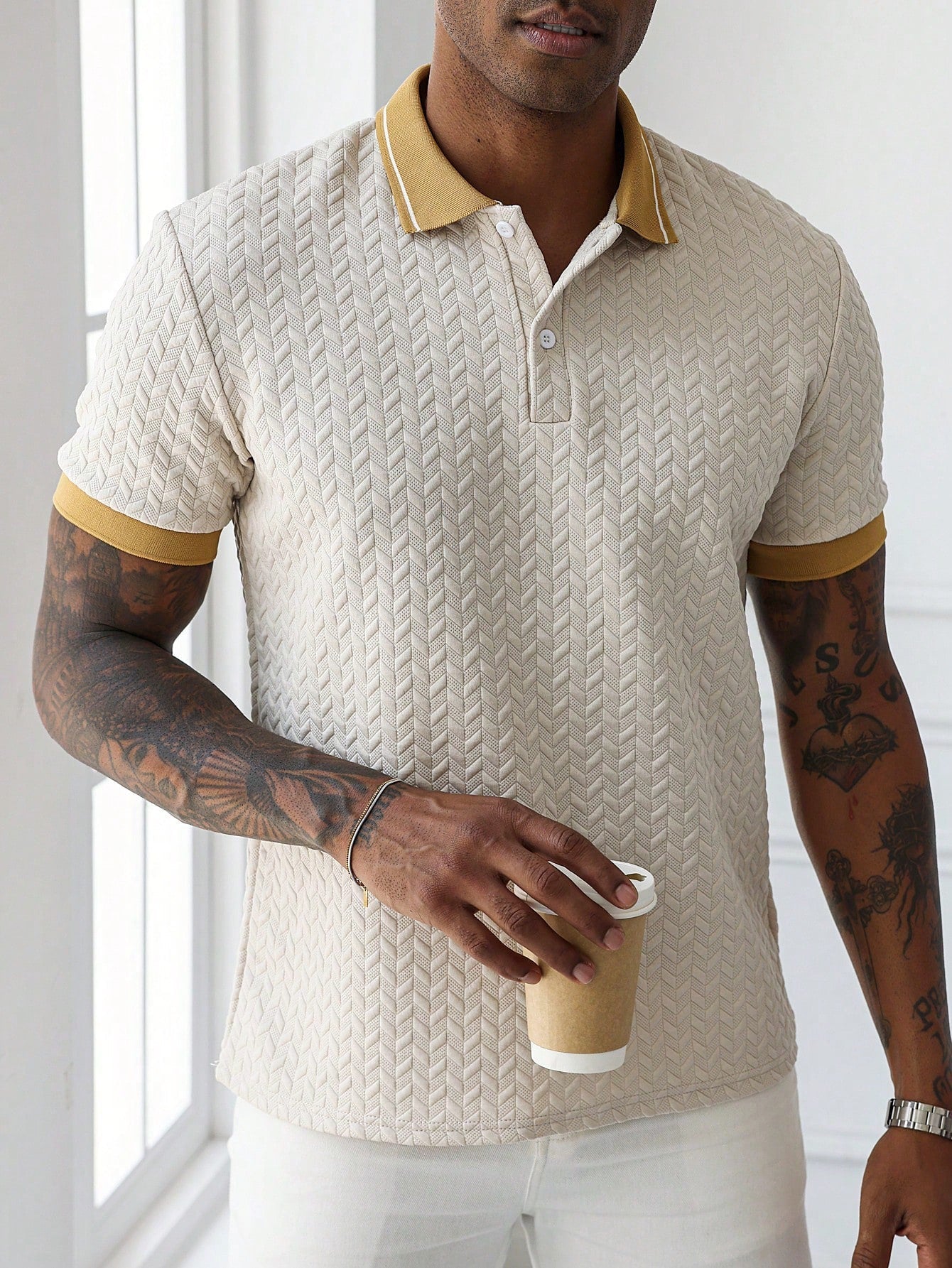 Camisa Polo Masculina Trama Relevante Gola Estilizada Damasco / PP Camisa Polo Masculina Trama Relevante Gola Estilizada