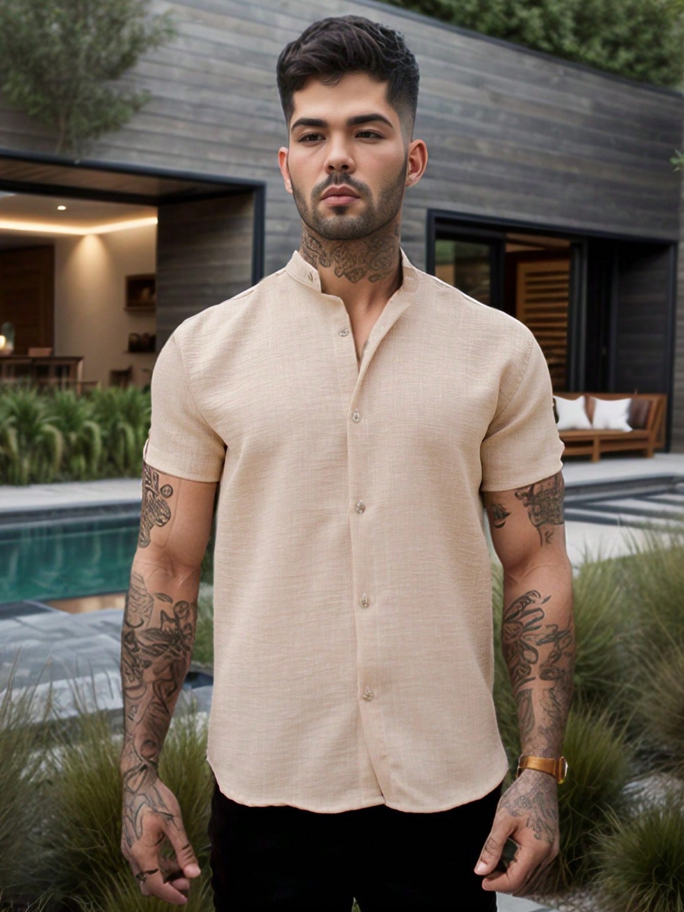 Camisa Masculina Gola Padre Slim Caimento Impecável Bege / PP Camisa Masculina Gola Padre Slim Caimento Impecável