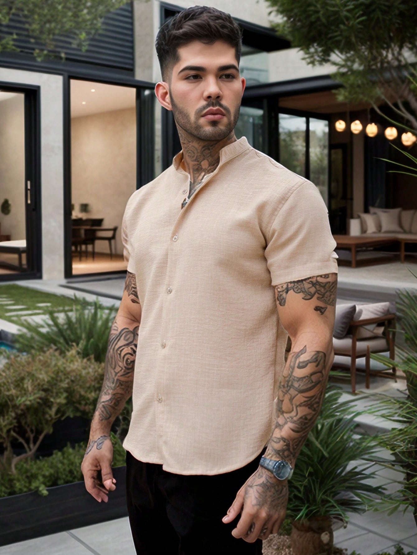 Camisa Masculina Gola Padre Slim Caimento Impecável Camisa Masculina Gola Padre Slim Caimento Impecável