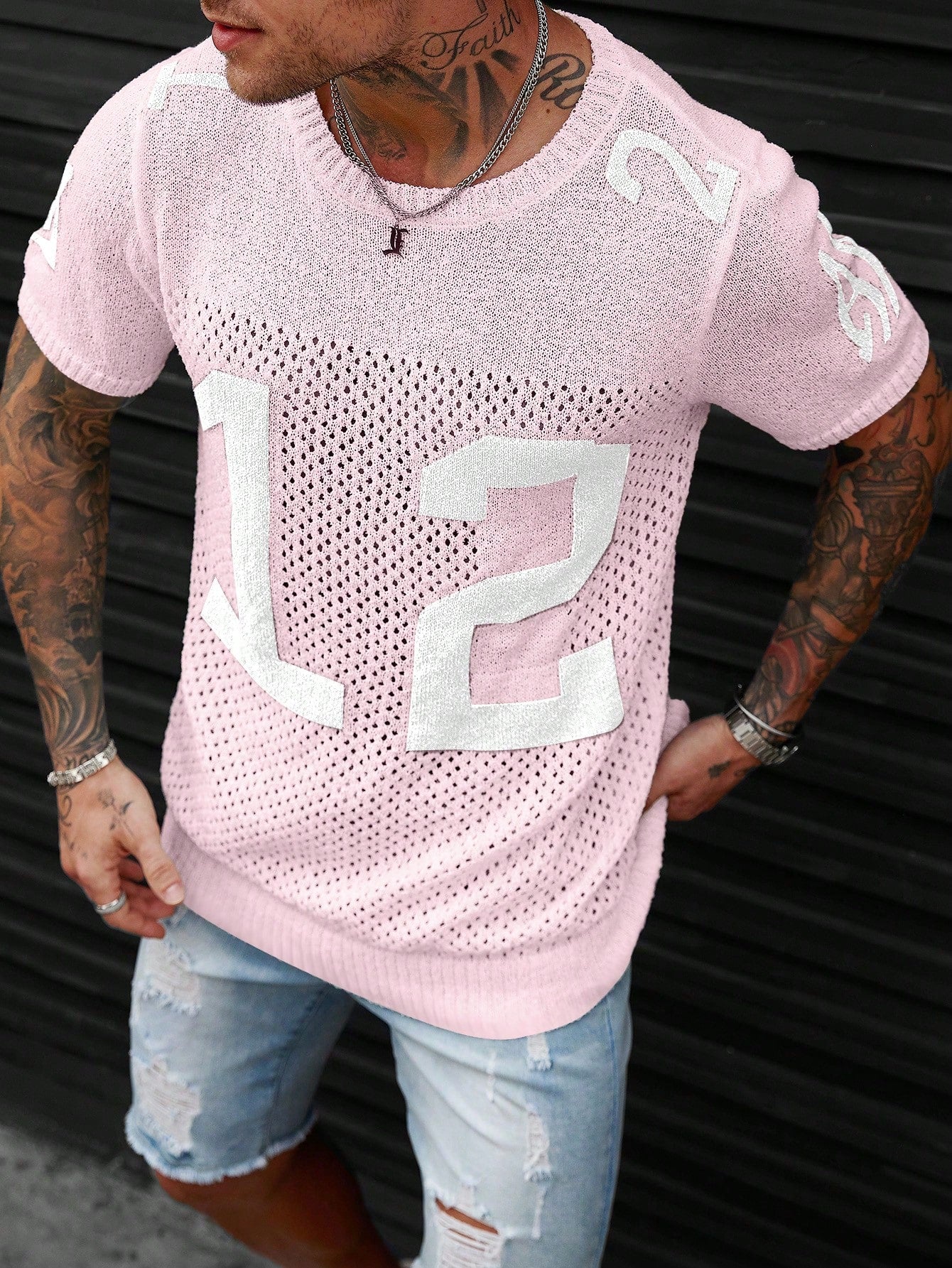 Camiseta Masculina Tricotada Número Estilo Vintage Rosa / PP Camiseta Masculina Tricotada Número Estilo Vintage