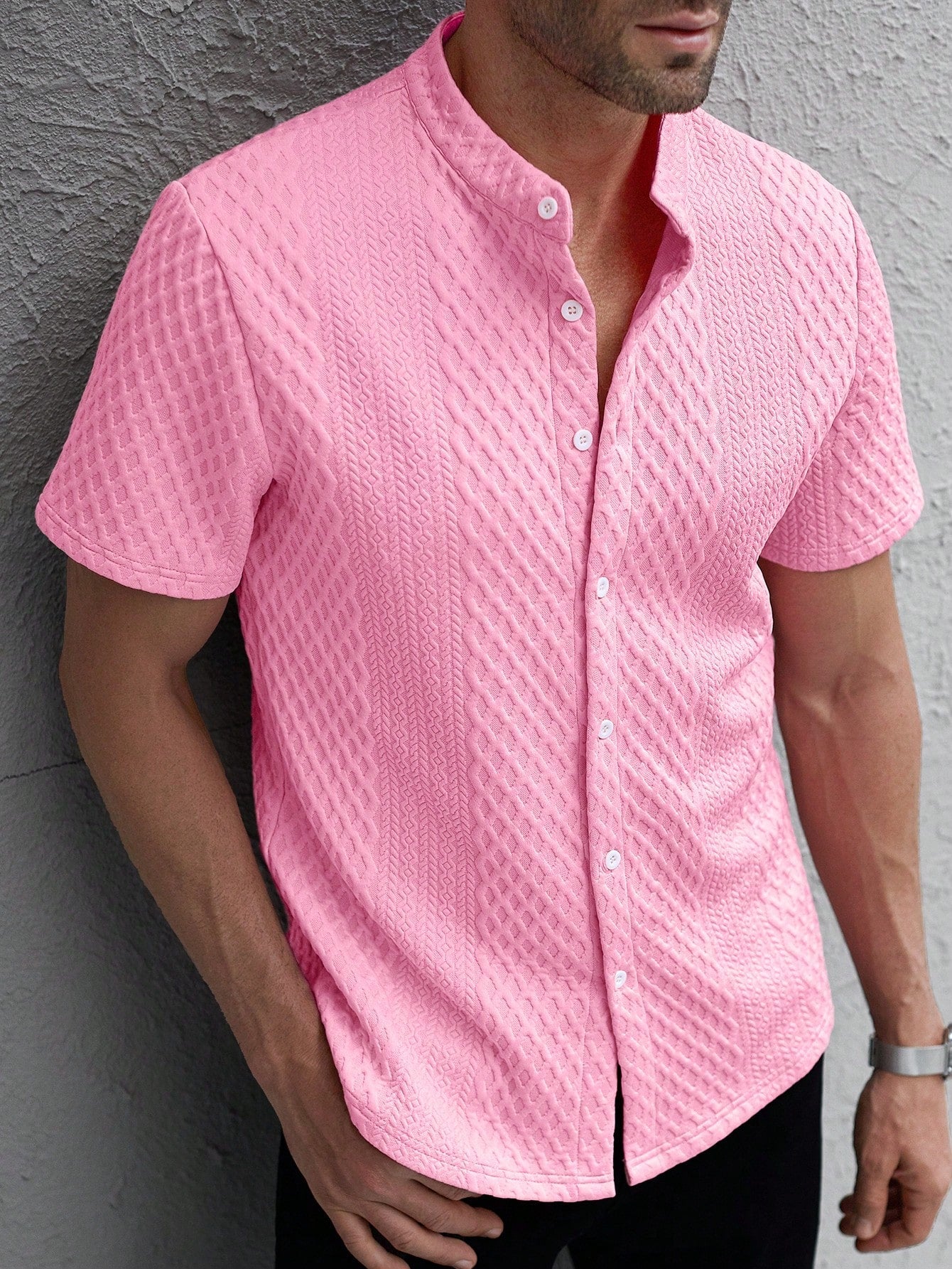 Camisa Masculina Gola Padre Texturizada Design Moderno Rosa / PP Camisa Masculina Gola Padre Texturizada Design Moderno