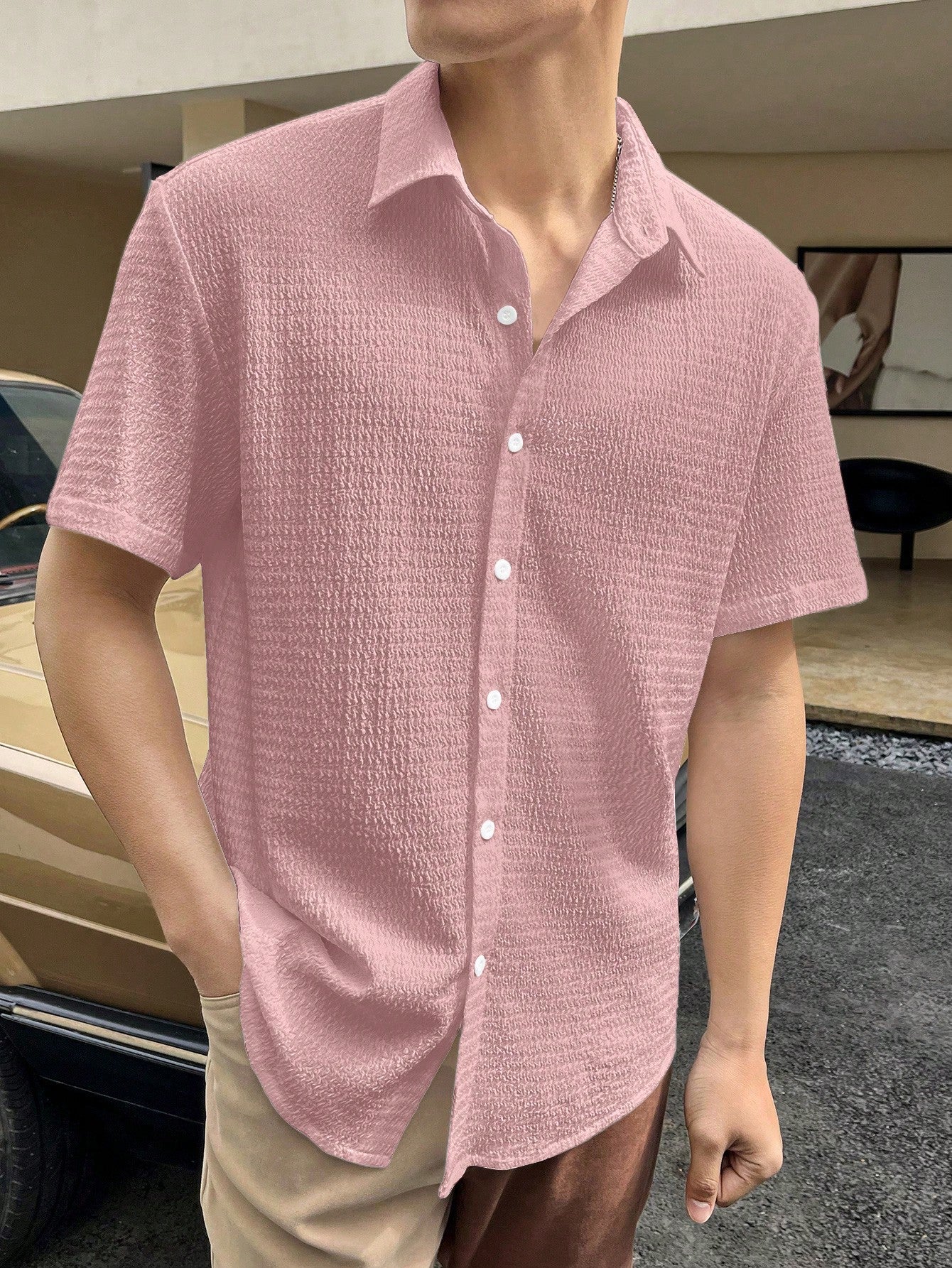 Camisa Masculina De Botão Tecido Elástico Textura Suave Rosa / PP Camisa Masculina De Botão Tecido Elástico Textura