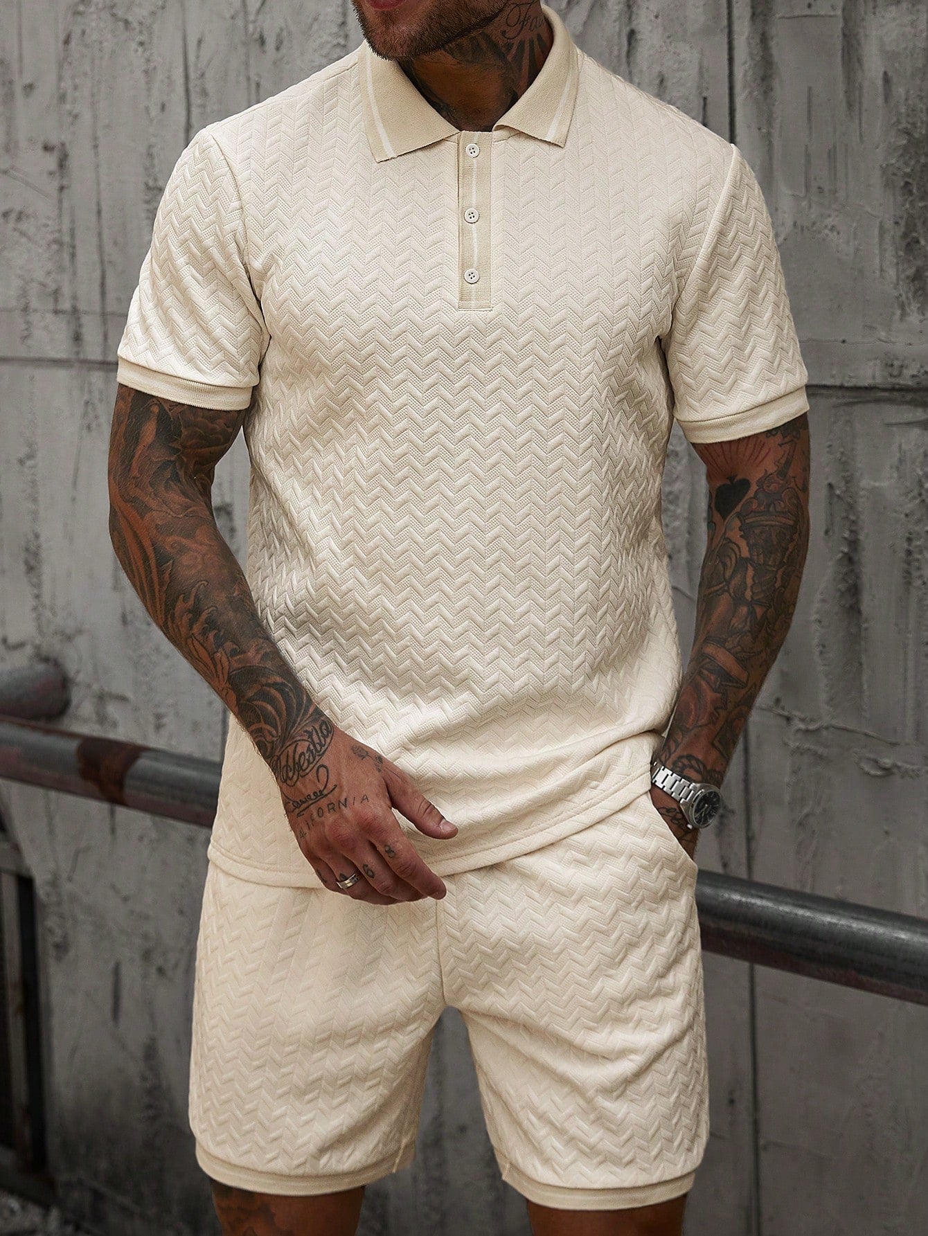 Conjunto Masculino Polo Jacquard Manga Curta E Shorts Casuais Conjunto Masculino Polo Jacquard Manga Curta E Shorts