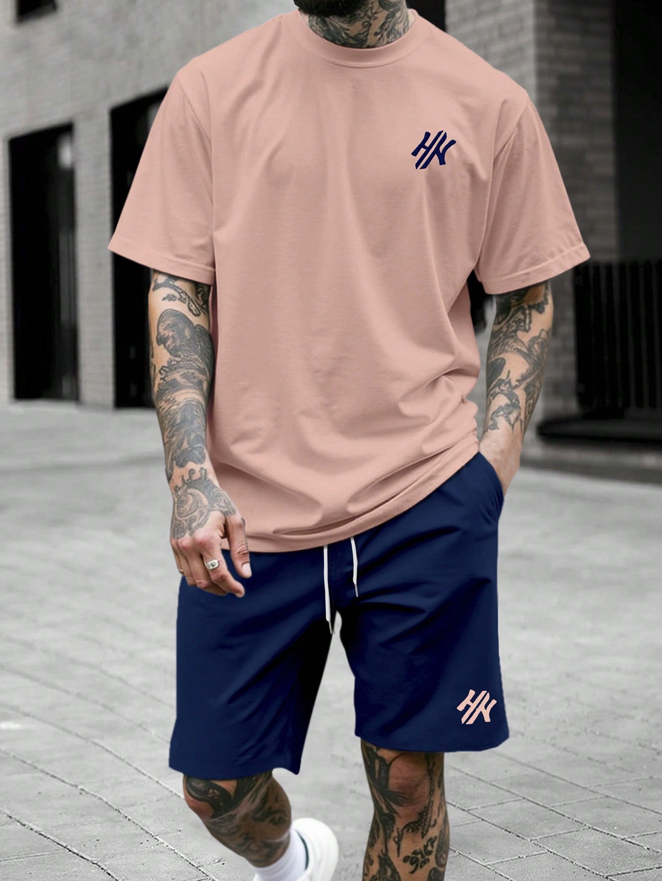 Conjunto Masculino Camiseta Estampada Manga Curta E Shorts Casuais Rosa / PP Conjunto Masculino Camiseta Estampada