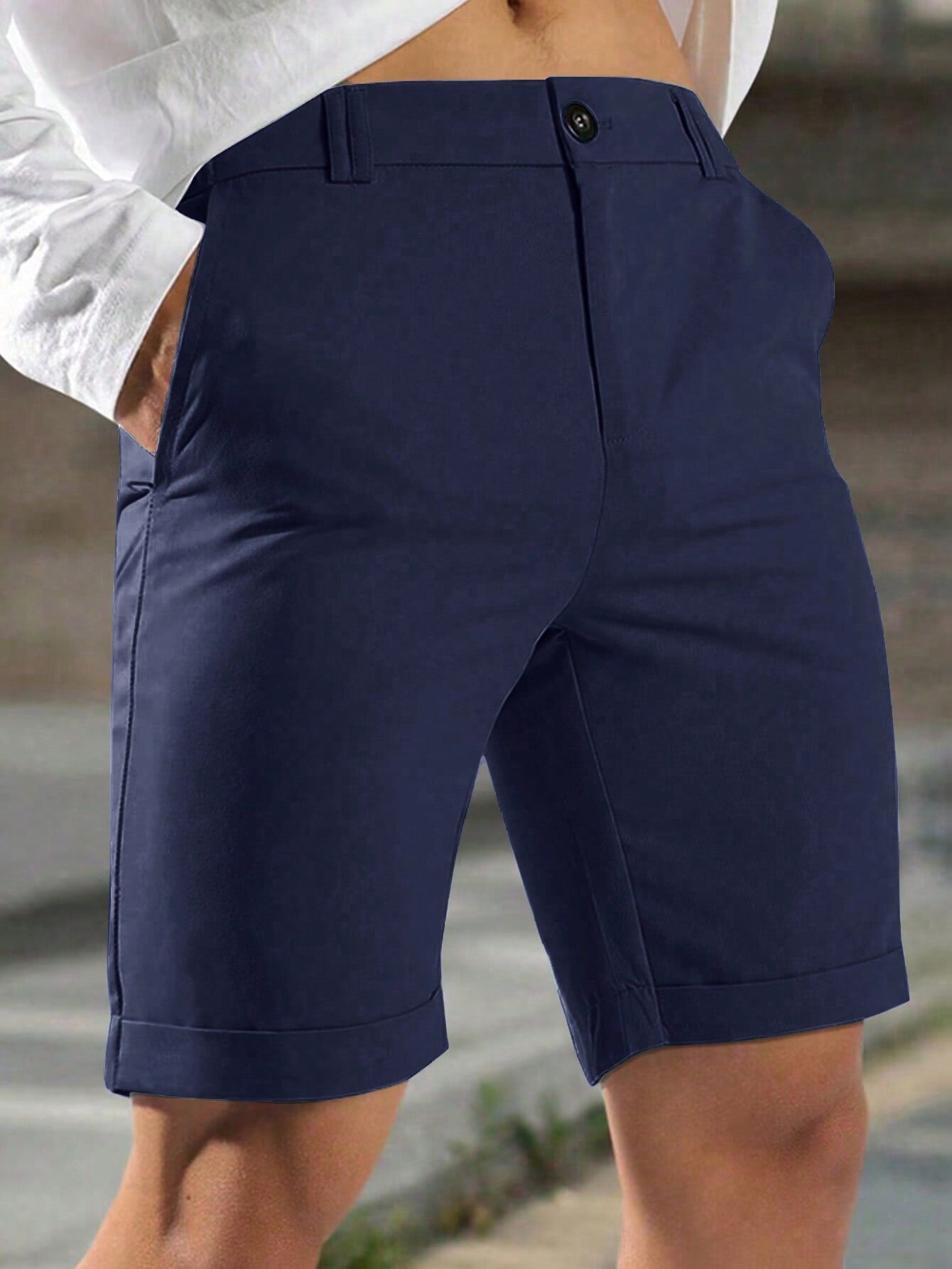 Shorts Masculino Casual Com Bolsos Laterais E Cós De Elástico Azul Marinho / PP Shorts Masculino Casual Com Bolsos