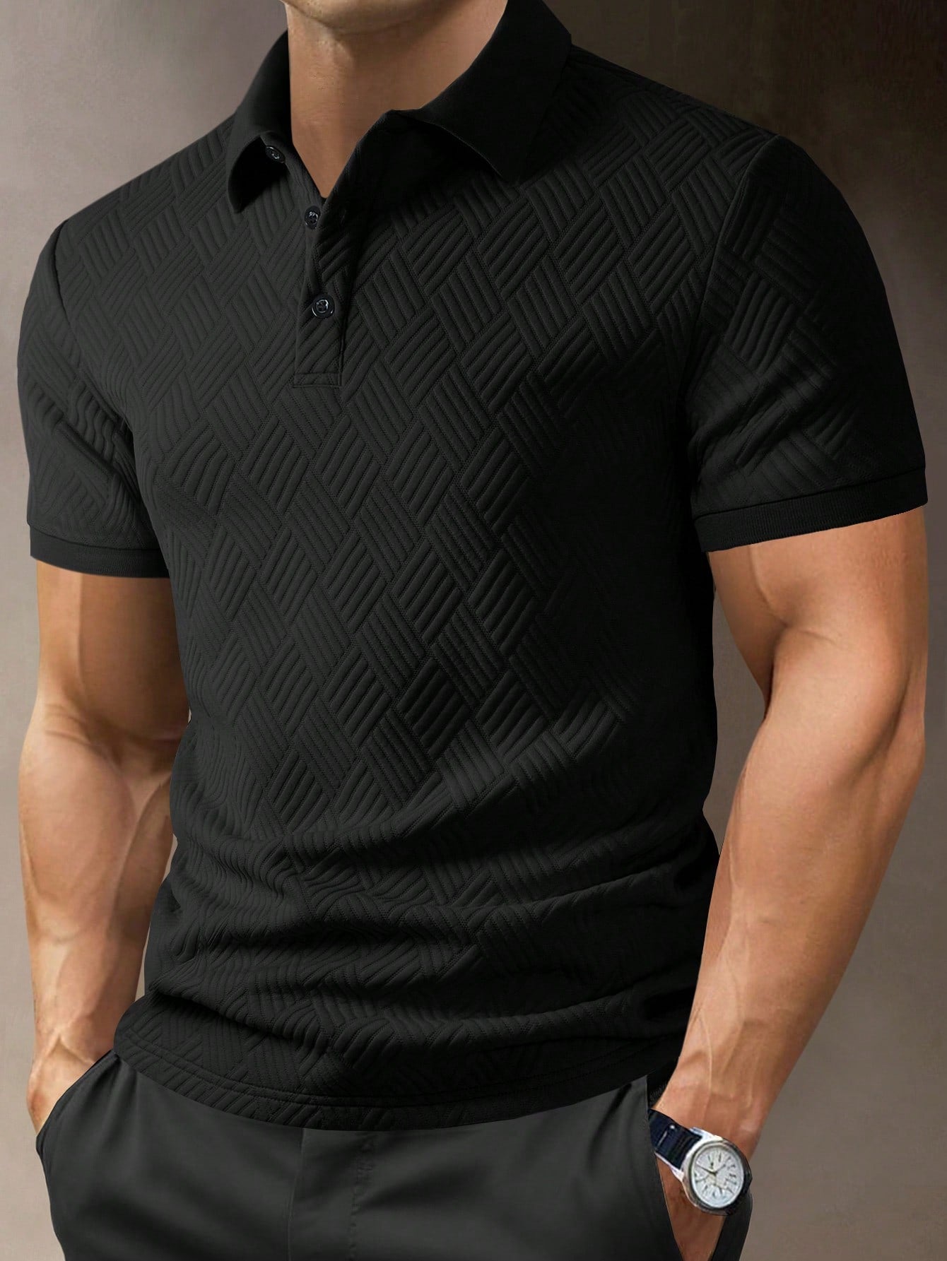 Camisa Polo Masculina Casual Estampa Texturizada Manga Curta Preto / PP Camisa Polo Masculina Casual Estampa