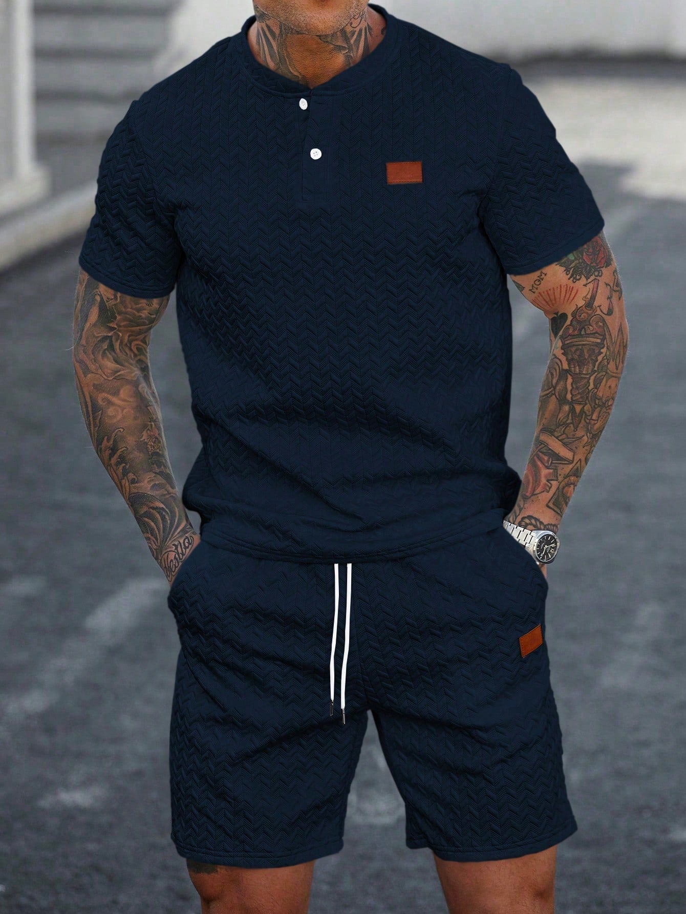 Conjunto Masculino Camiseta Com Aplicação E Shorts Com Bolso Azul Royal / PP Conjunto Masculino Camiseta Com Aplicação