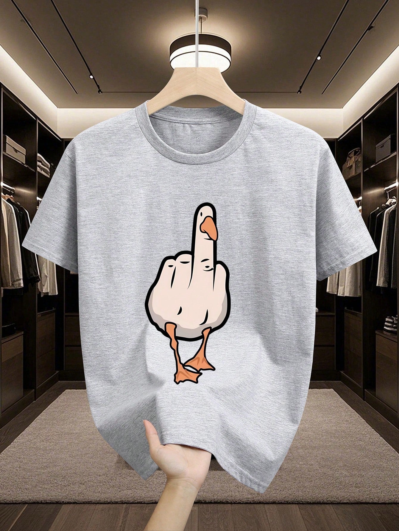 Camiseta Masculina Oversized Estampa Divertida De Ganso Cinza / PP Camiseta Masculina Oversized Estampa Divertida De