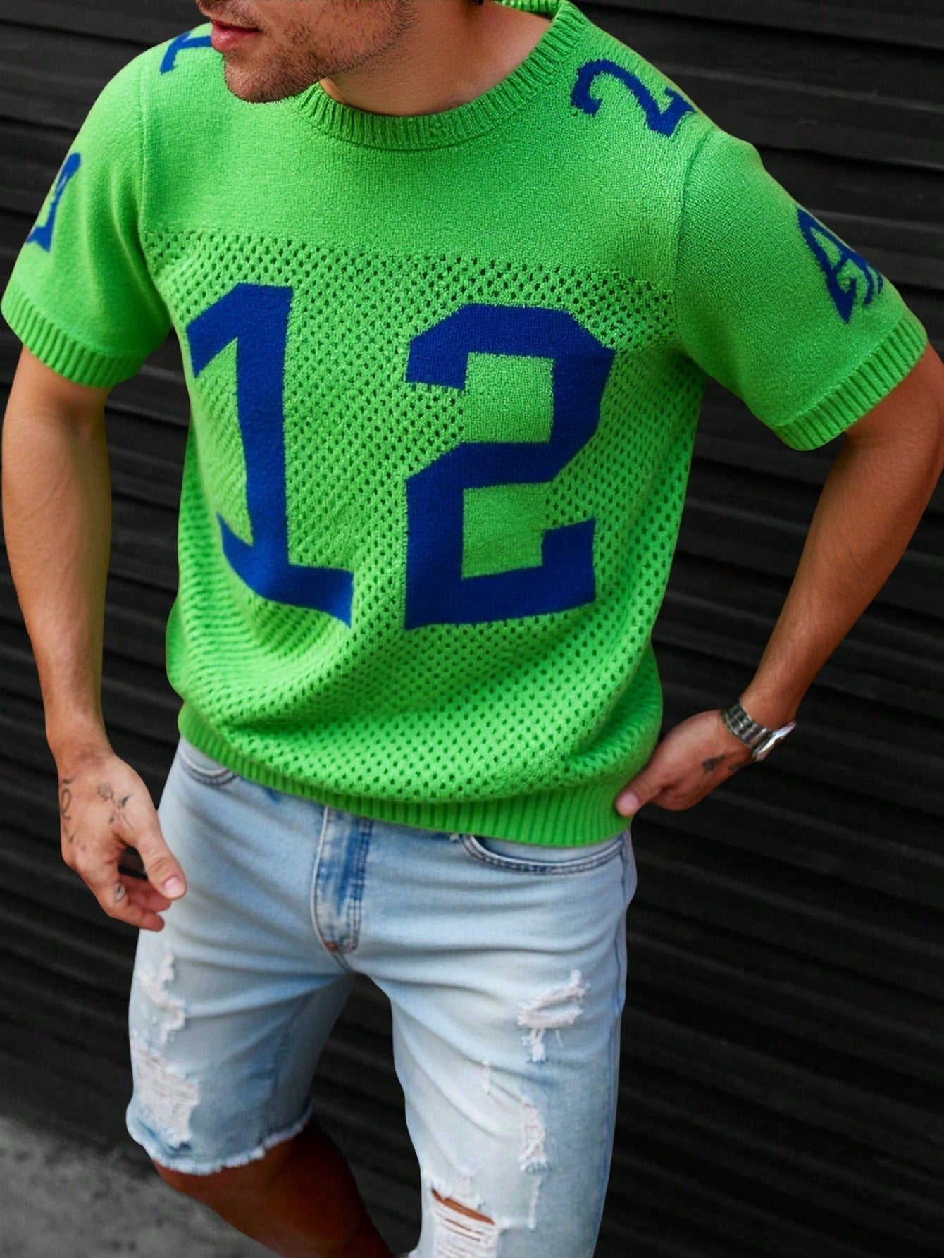 Camiseta Masculina Tricotada Número Estilo Vintage Verde / PP Camiseta Masculina Tricotada Número Estilo Vintage