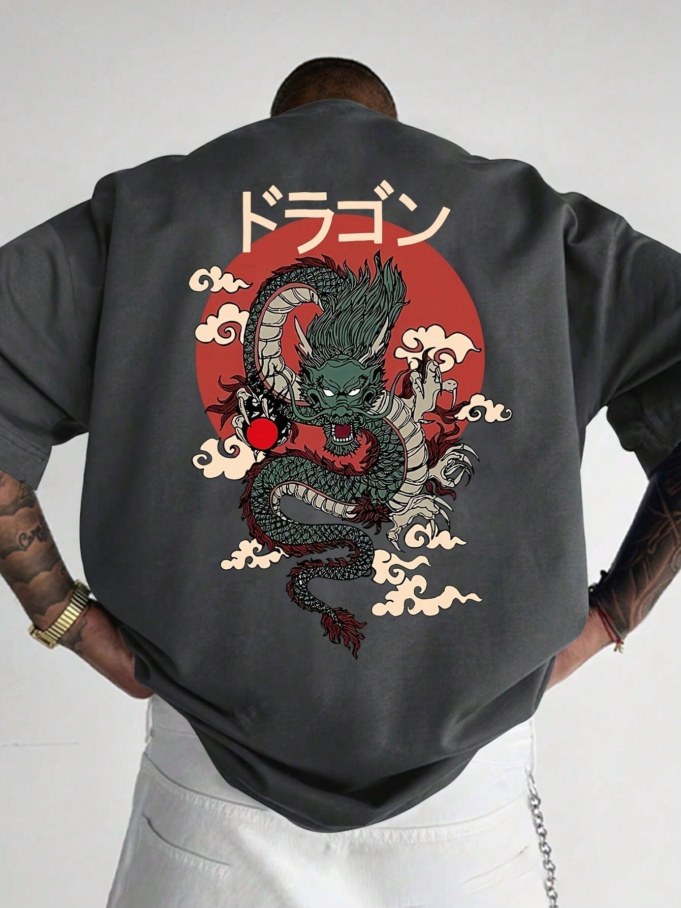 Camiseta Masculina Oversized Estampa De Dragão Oriental Chumbo / PP Camiseta Masculina Oversized Estampa De Dragão
