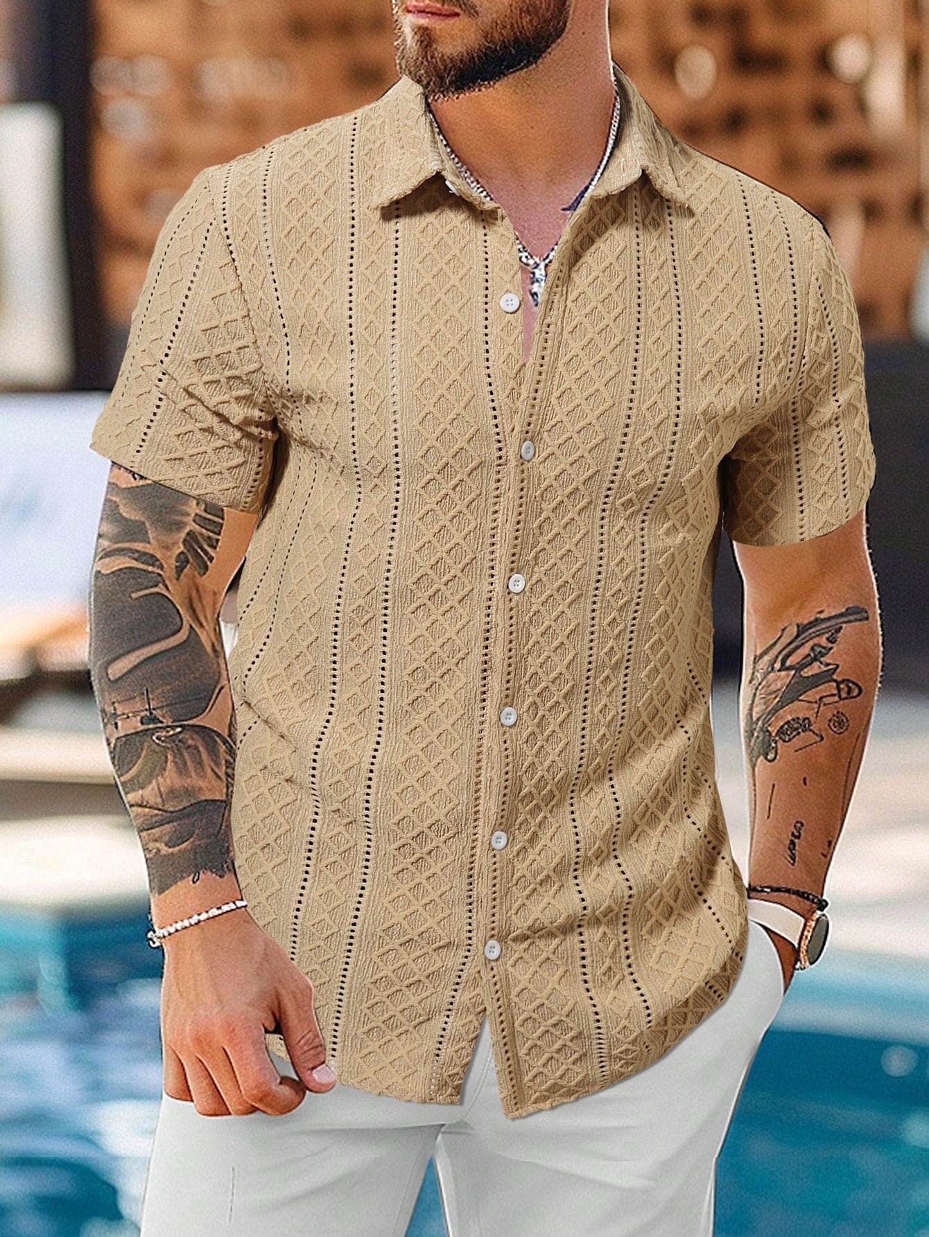 Camisa Masculina De Botão Textura Geométrica Caqui / PP Camisa Masculina De Botão Textura Geométrica